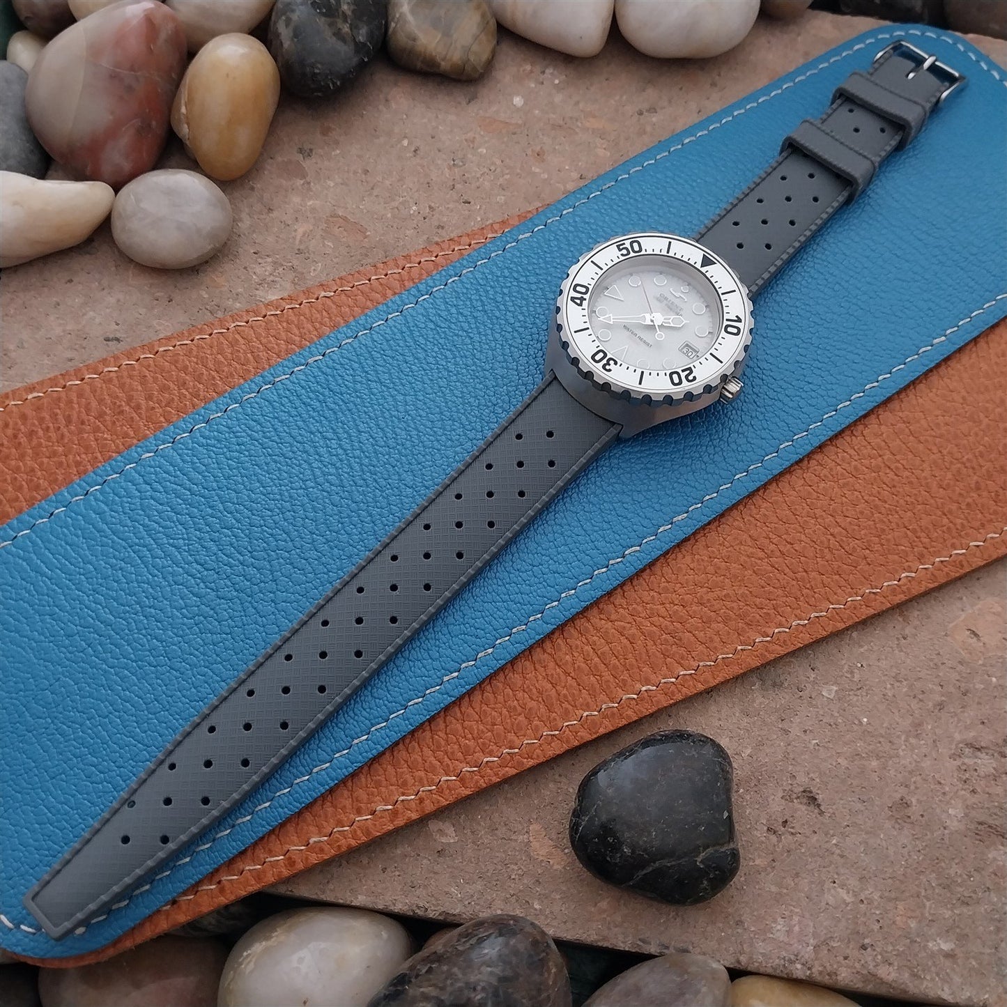 18mm FKM Gray Tropical Divers Watch Strap QR Spring Bars Polished Buckle