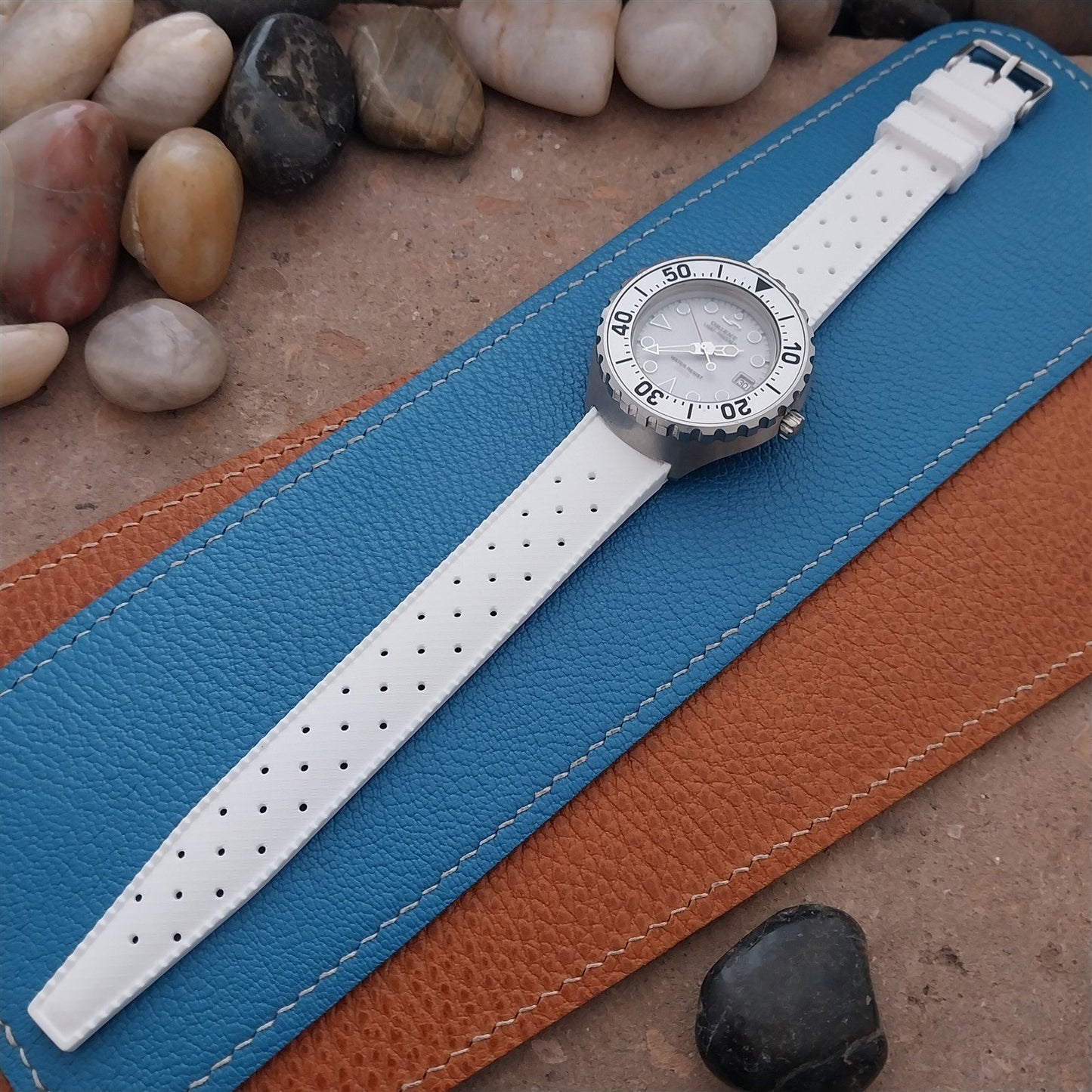 18mm FKM White Tropical Divers Watch Strap QR Spring Bars Polished Buckle