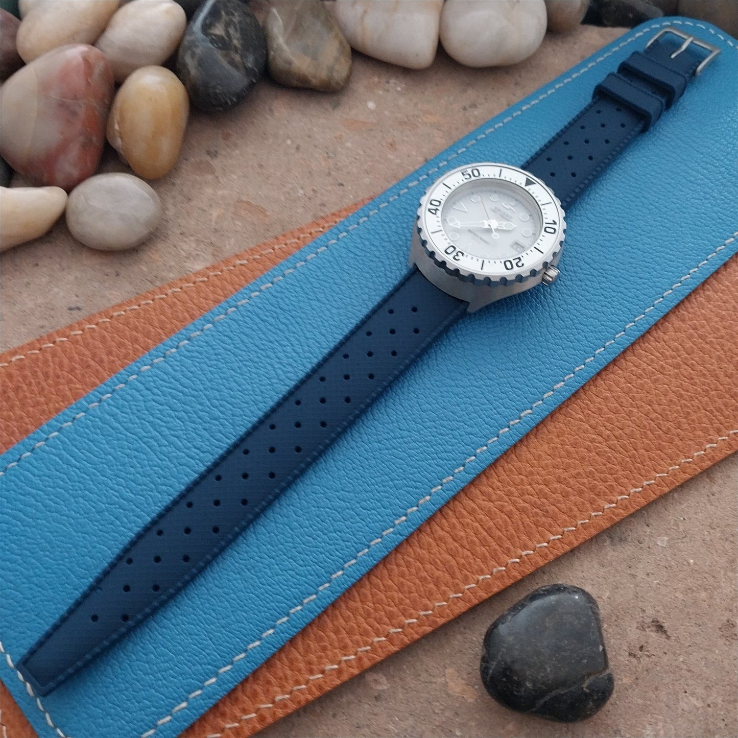 18mm FKM Blue Tropical Divers Watch Strap QR Spring Bars Bead Blasted Buckle