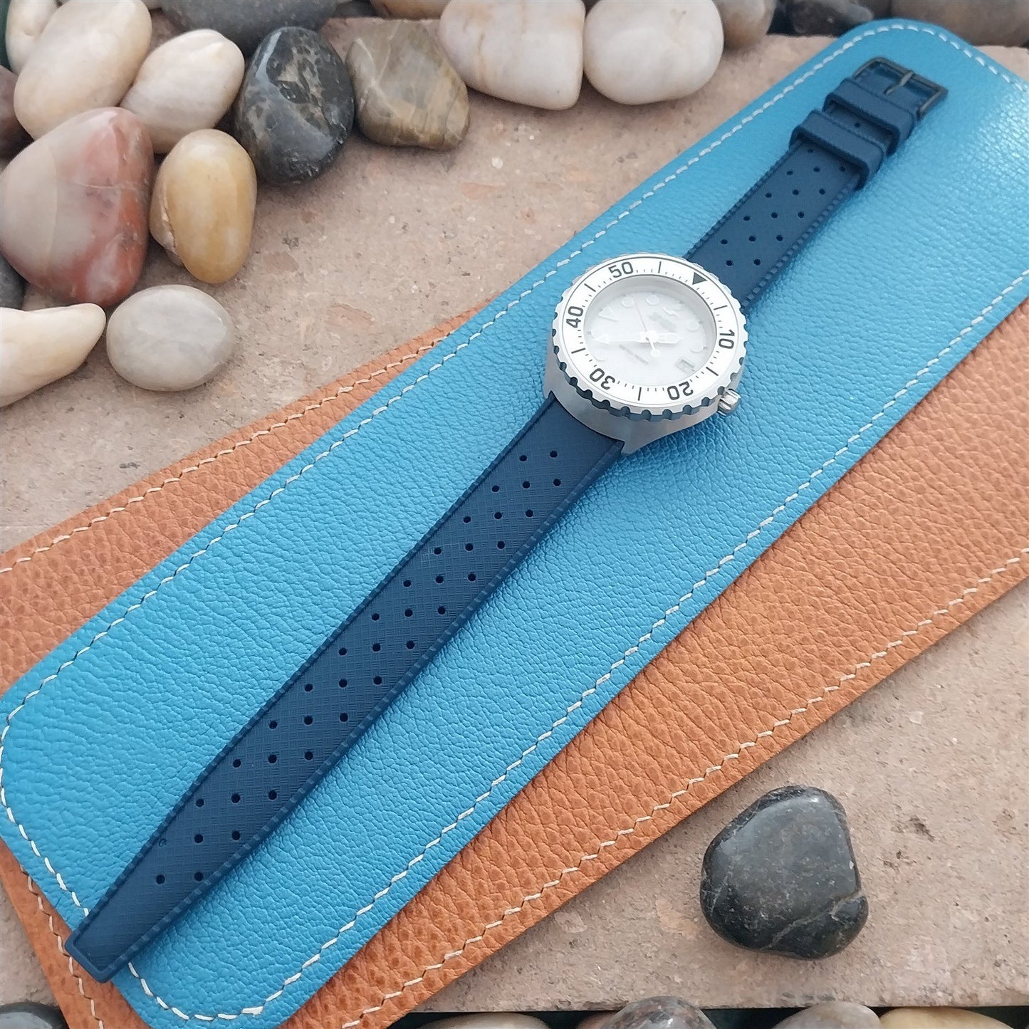 18mm FKM Blue Tropical Divers Watch Strap QR Spring Bars Black Stainless Buckle