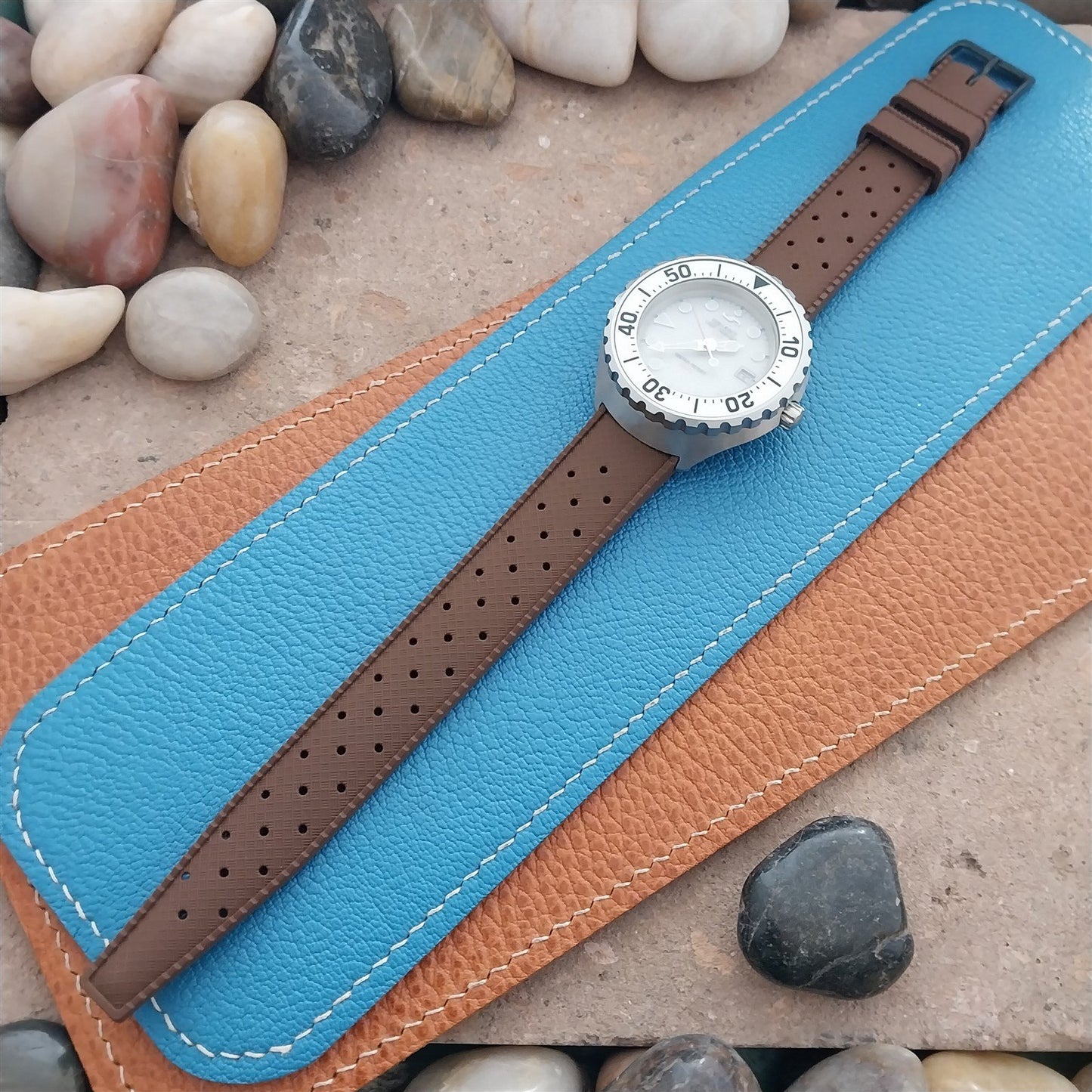 18mm FKM Brown Tropical Divers Watch Strap QR Spring Bars Black Stainless Buckle