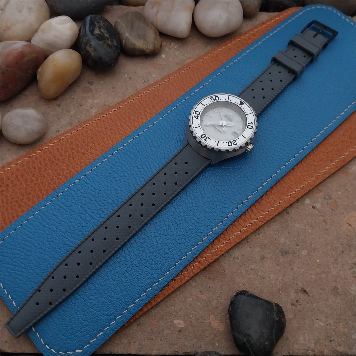 18mm FKM Gray Tropical Divers Watch Strap QR Spring Bars Black Stainless Buckle