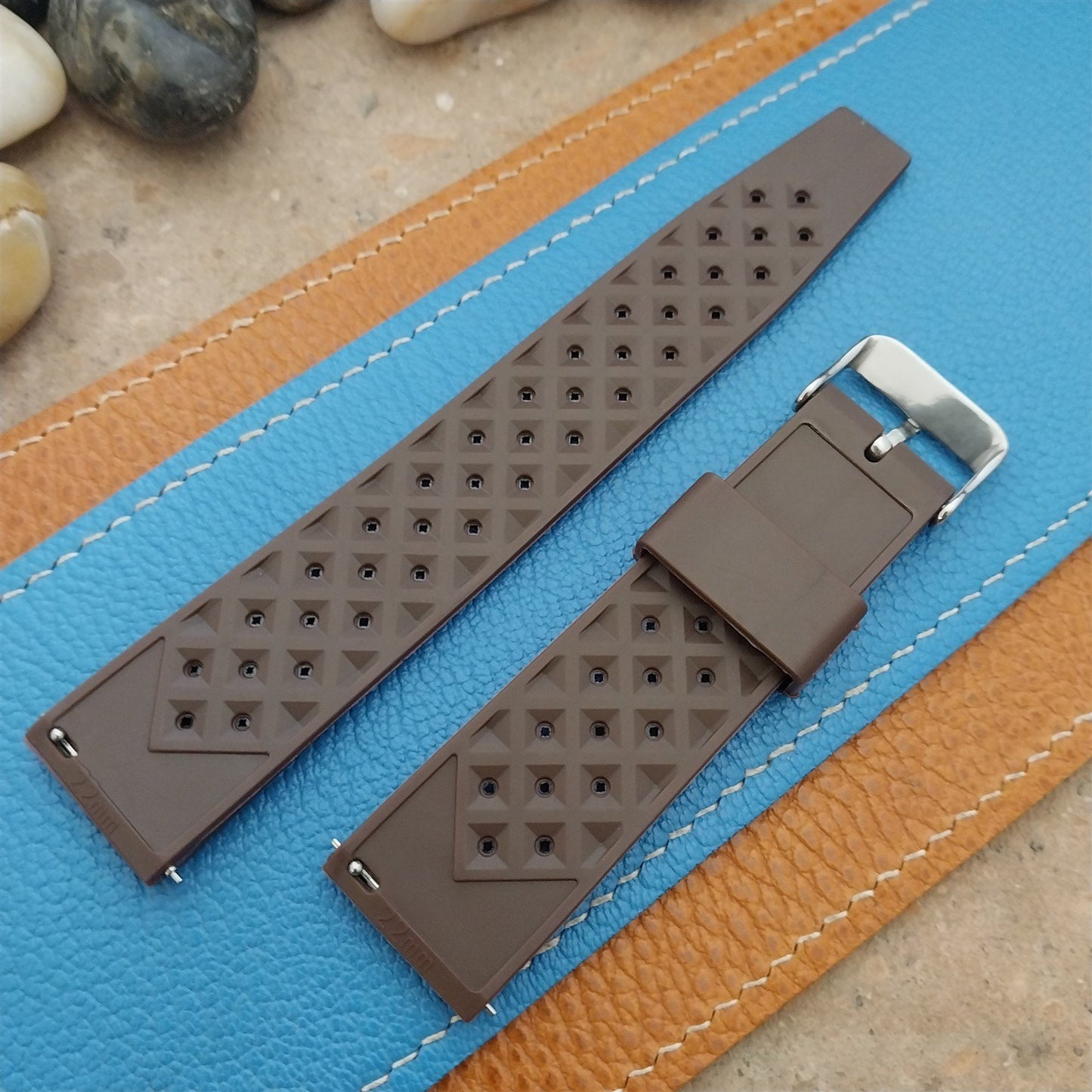 22mm FKM Brown Tropical Divers Watch Strap QR Spring Bars Polished Buckle