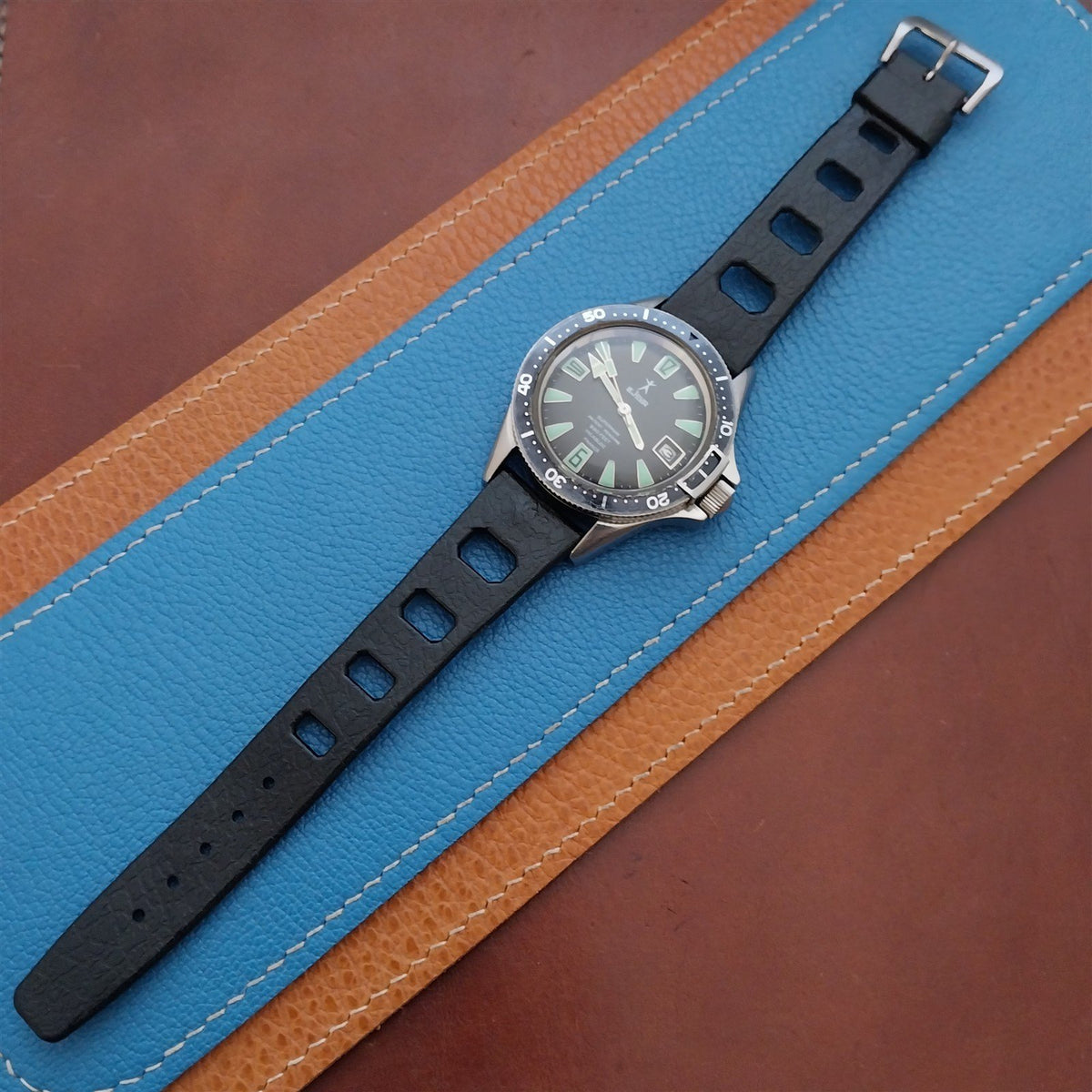 Vintage 20mm Skindiver Black Aqua GS Watch Strap & Acier Buckle