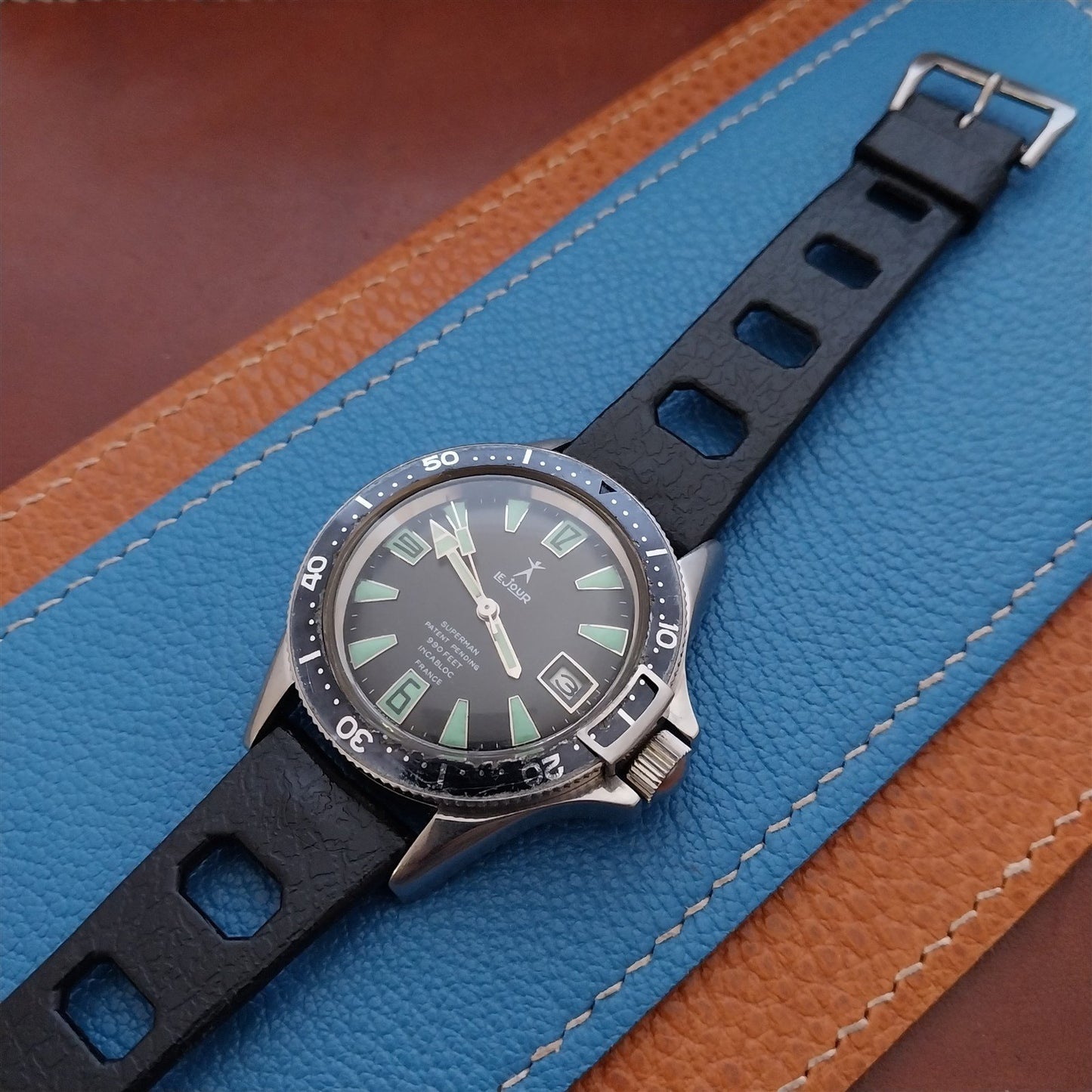 Vintage 20mm Skindiver Black Aqua GS Watch Strap & Acier Buckle