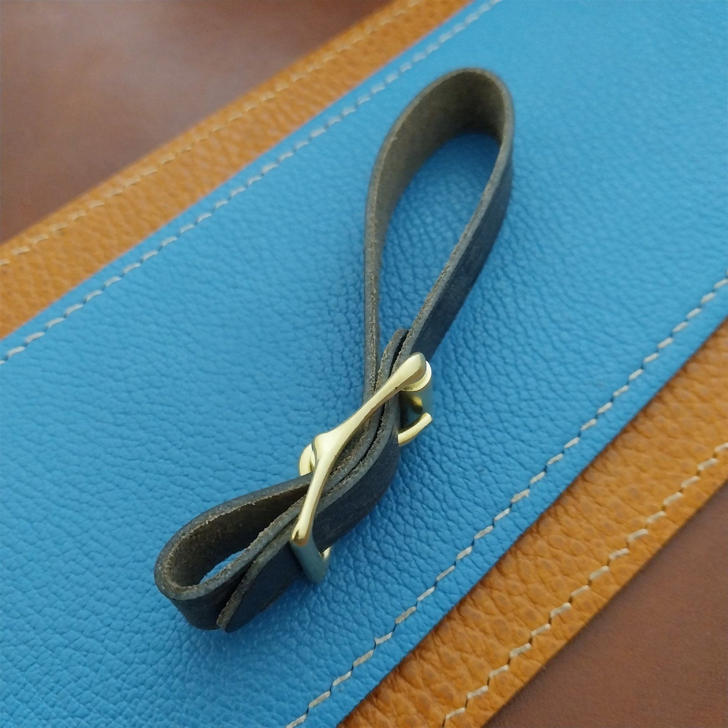 Blue Pueblo Leather Pocket Watch Fob Strap & Polished Brass Finish Buckle