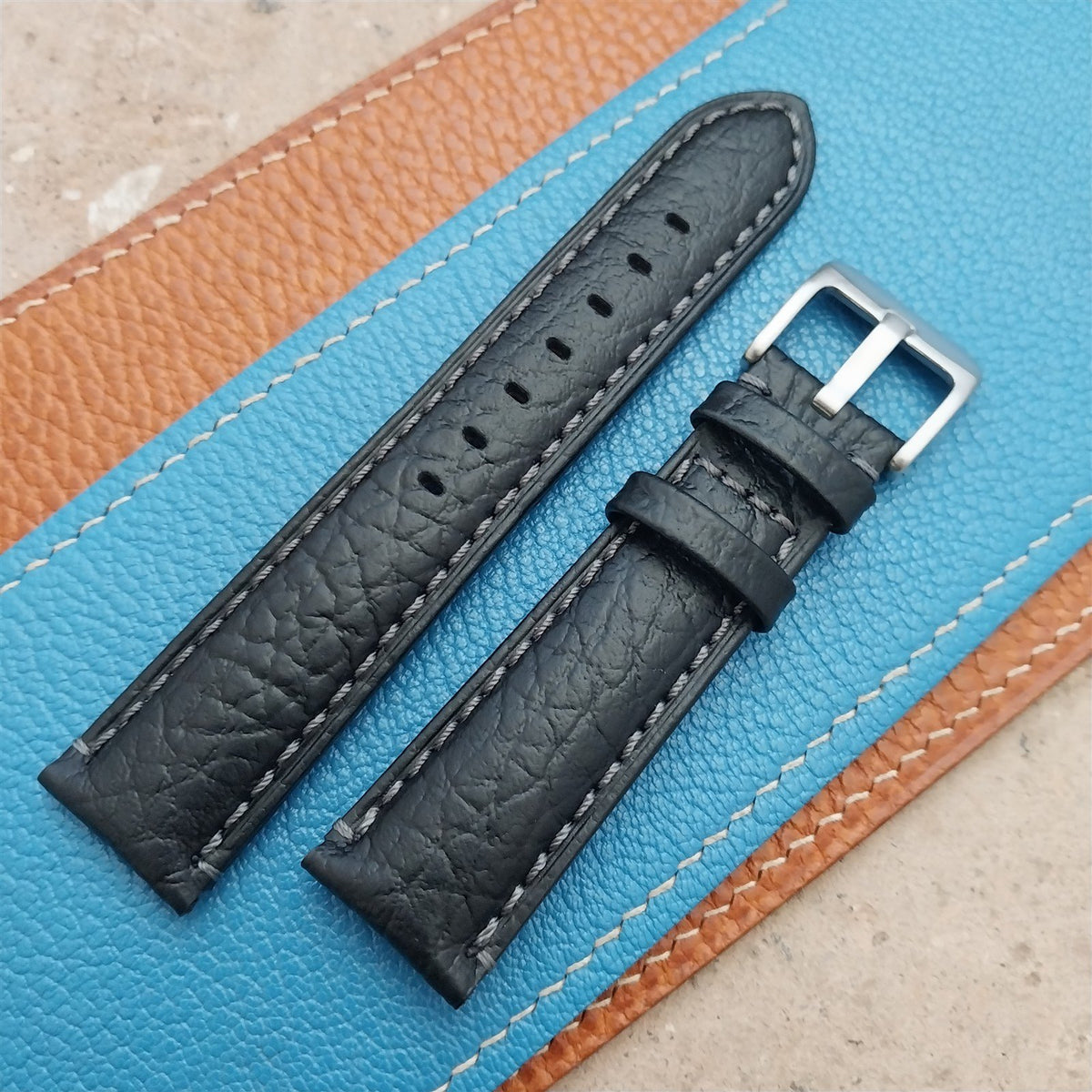 20mm Black Camel Leather Semi-Padded Tapered 20/18 Watch Strap