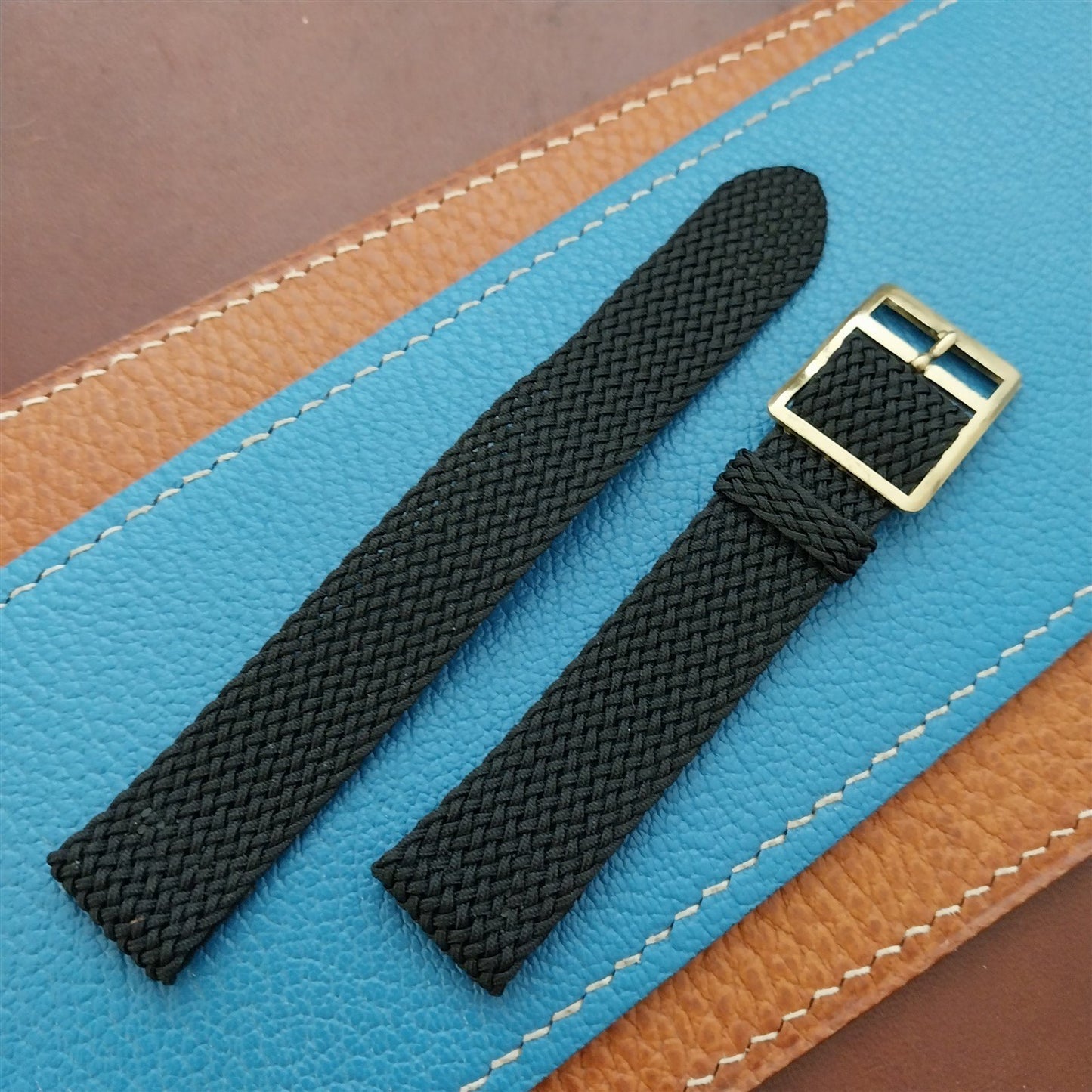 16mm Braided Black Perlon Swiss 2-Piece Unused 1960s Vintage Field Watch Strap