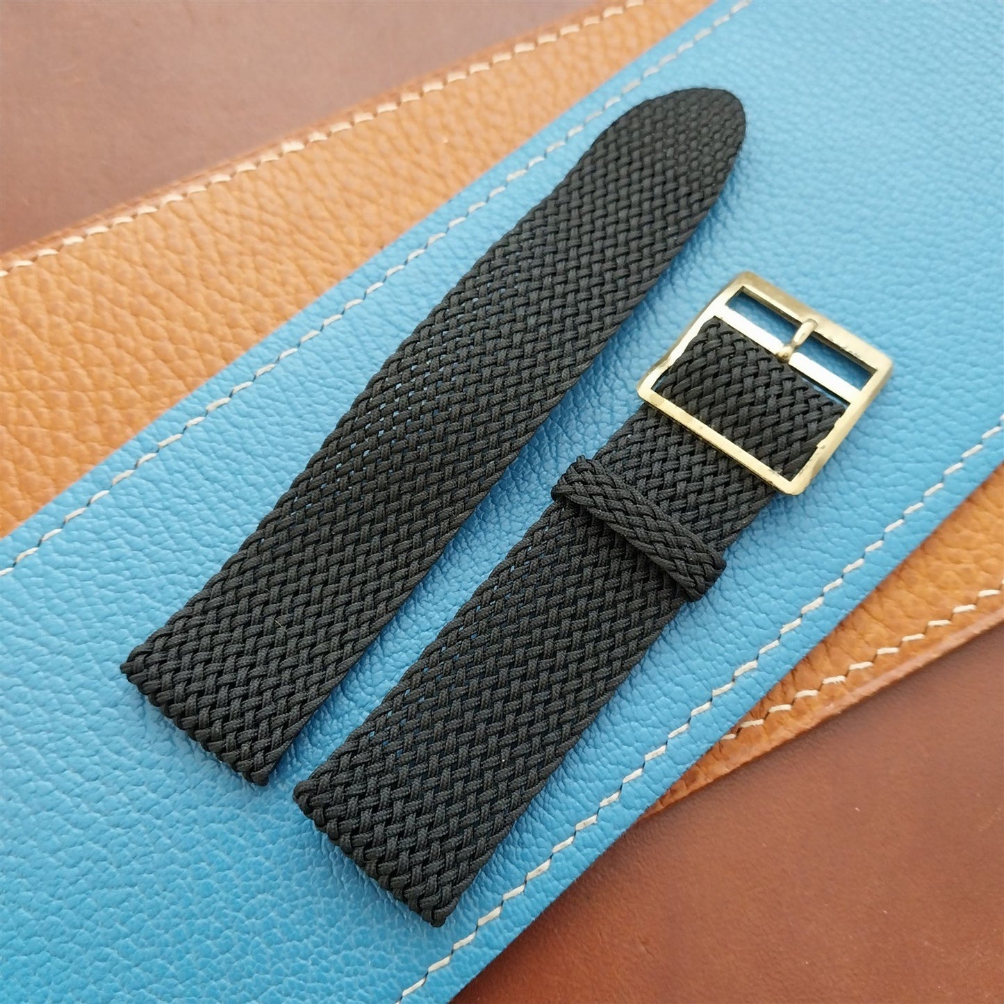 Vintage 20mm Braided Perlon Mesh Black Two-piece 1960s Field Watch Strap