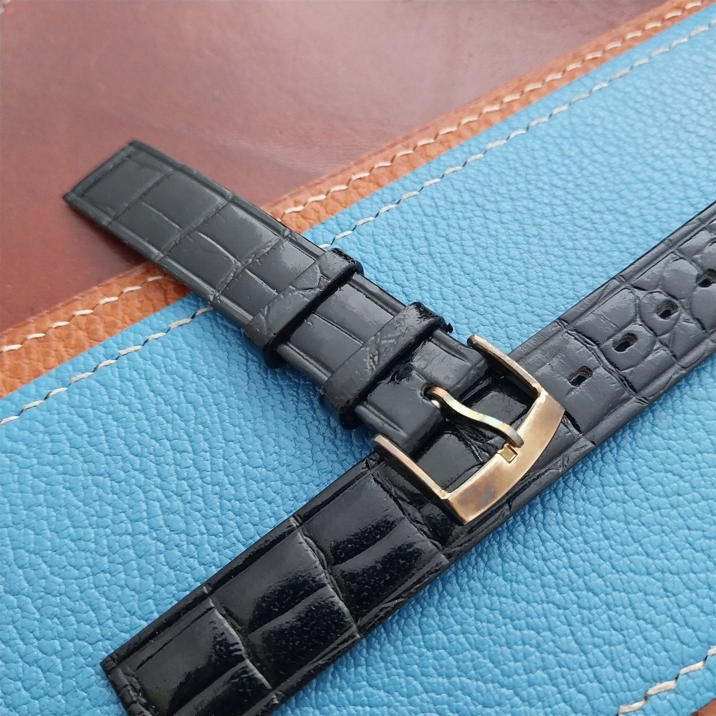 Vintage 16mm Alexander Black Thin Alligator-Grain Classic 1960s Watch Strap