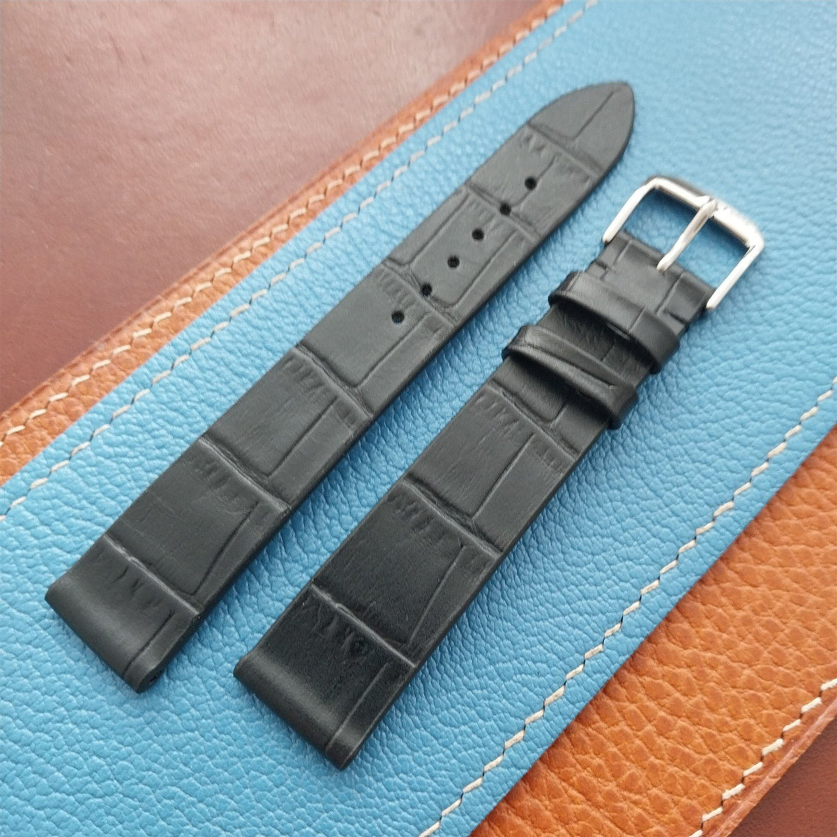 18mm Rios Miami Matte Black Alligator Grain Leather 18/16 Watch Strap