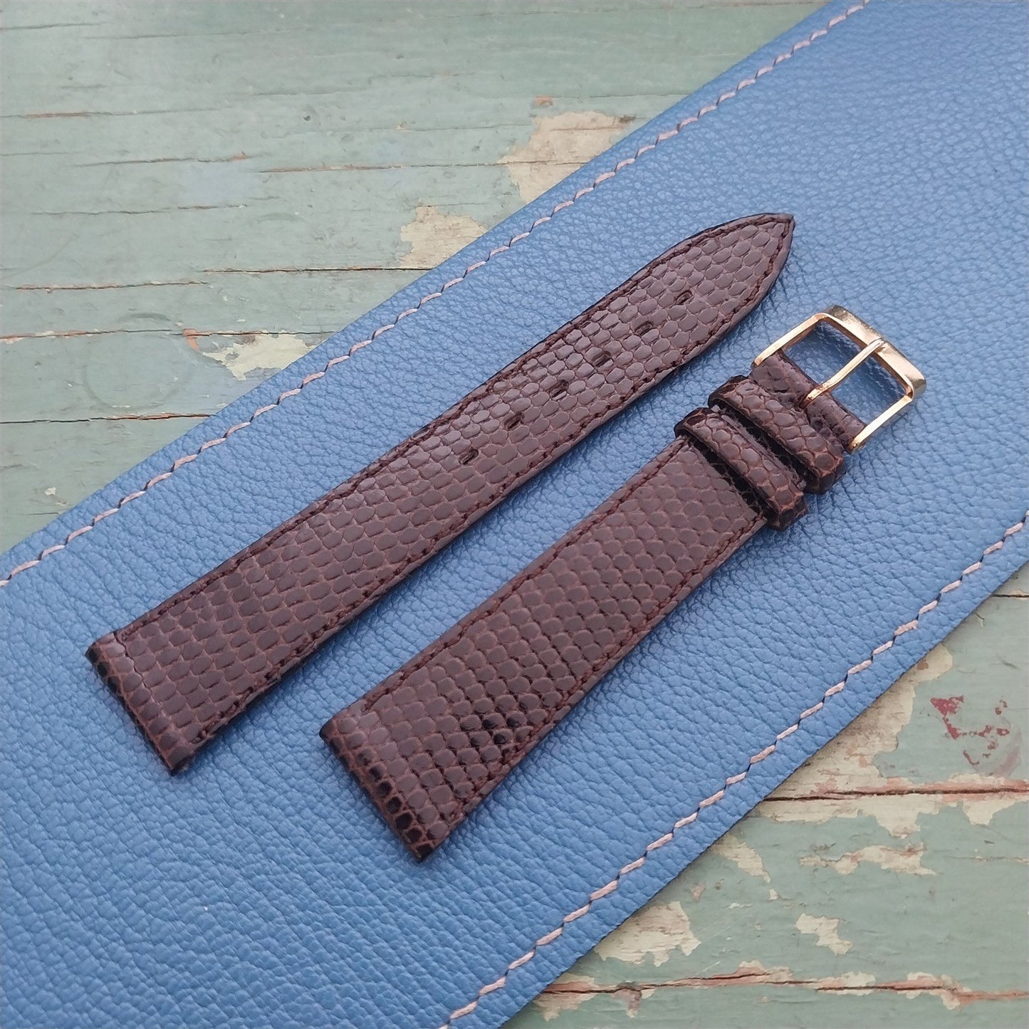 Vintage 17.2mm France Short Brown Lizard 1980s Classic Tapered Watch Strap