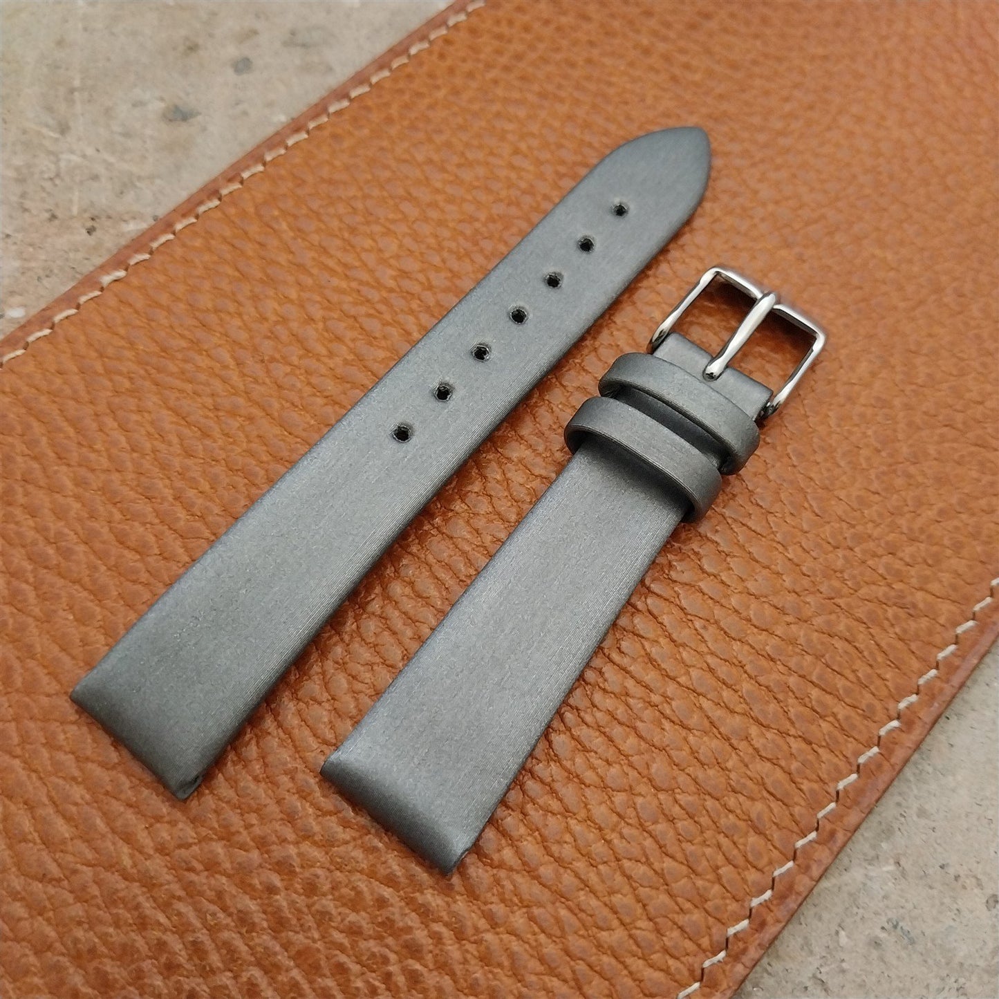 16mm Hadley-Roma Silver Satin Finish Leather Vintage Watch Strap
