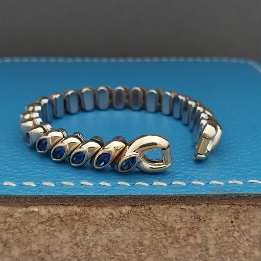 1950s Vintage Ladies Gold-Filled & Blue Rhinestone Bretton Cocktail Watch Band