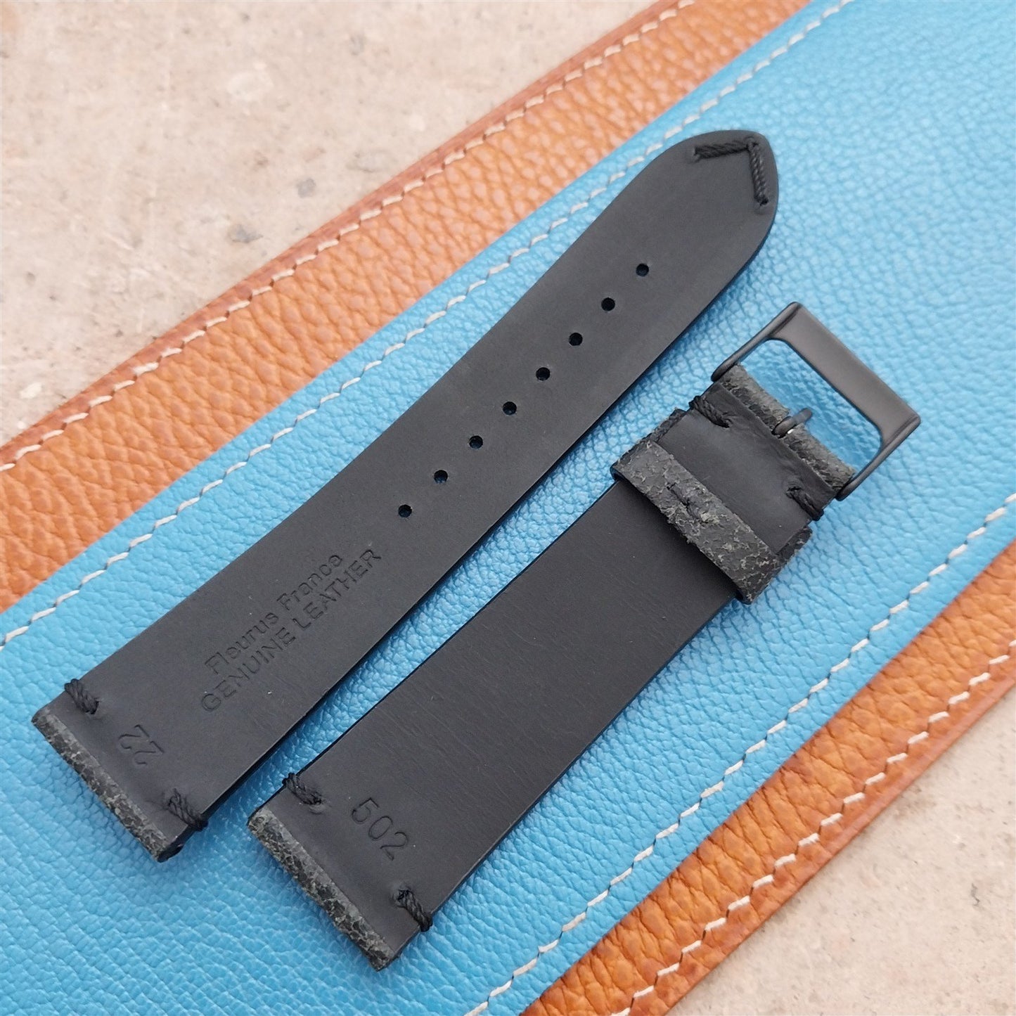 22mm Fleurus France Black Crust Leather Vintage Style Watch Strap