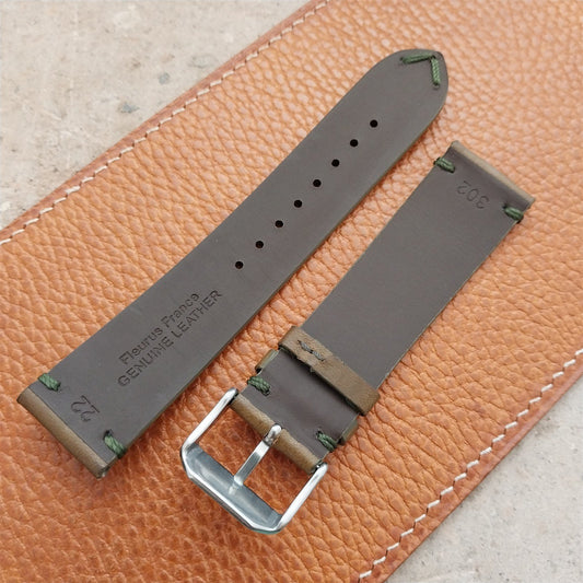 22mm Fleurus France Green Leather 2-Stitch Vintage Style Watch Strap