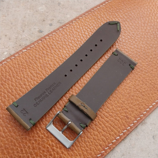 22mm Fleurus France Green Leather 2-Stitch Vintage Style Watch Strap