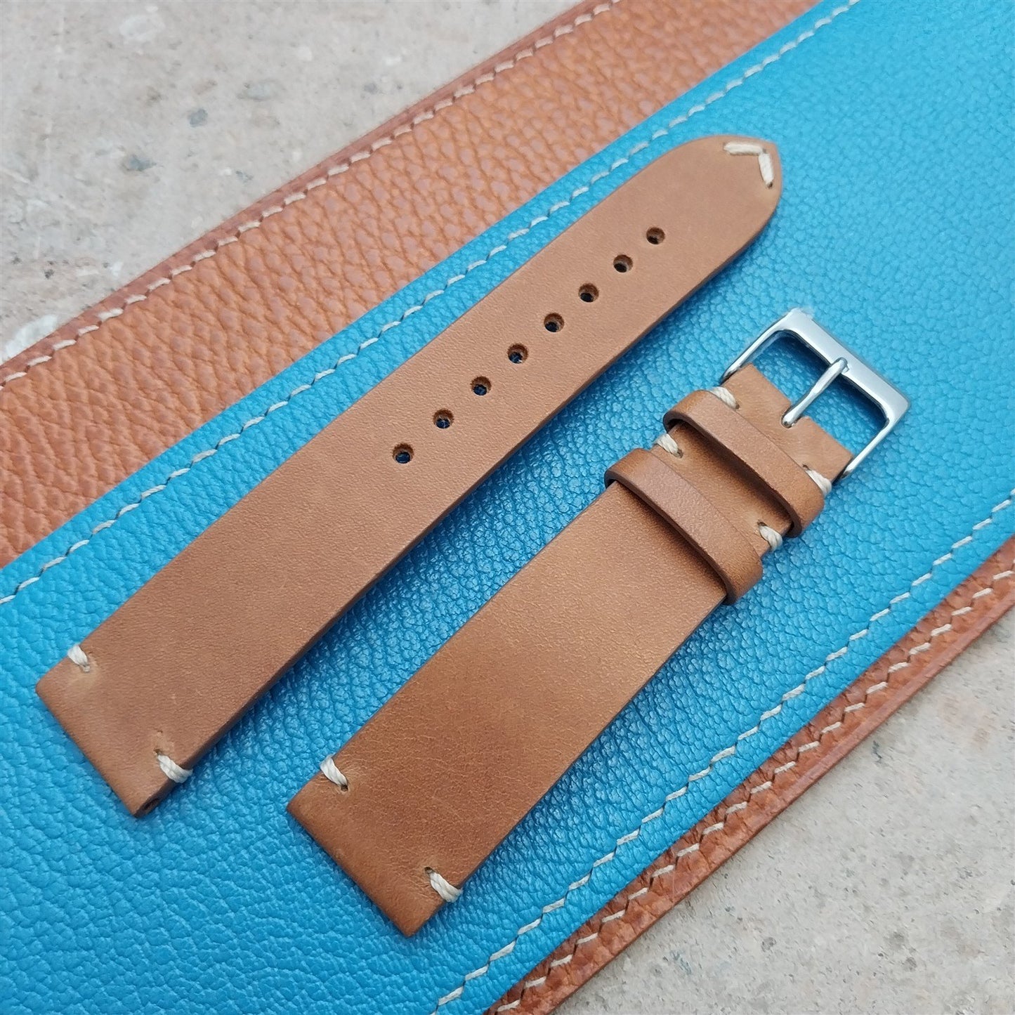 20mm Fleurus France Tan Leather 2-Stitch Vintage Style Watch Strap