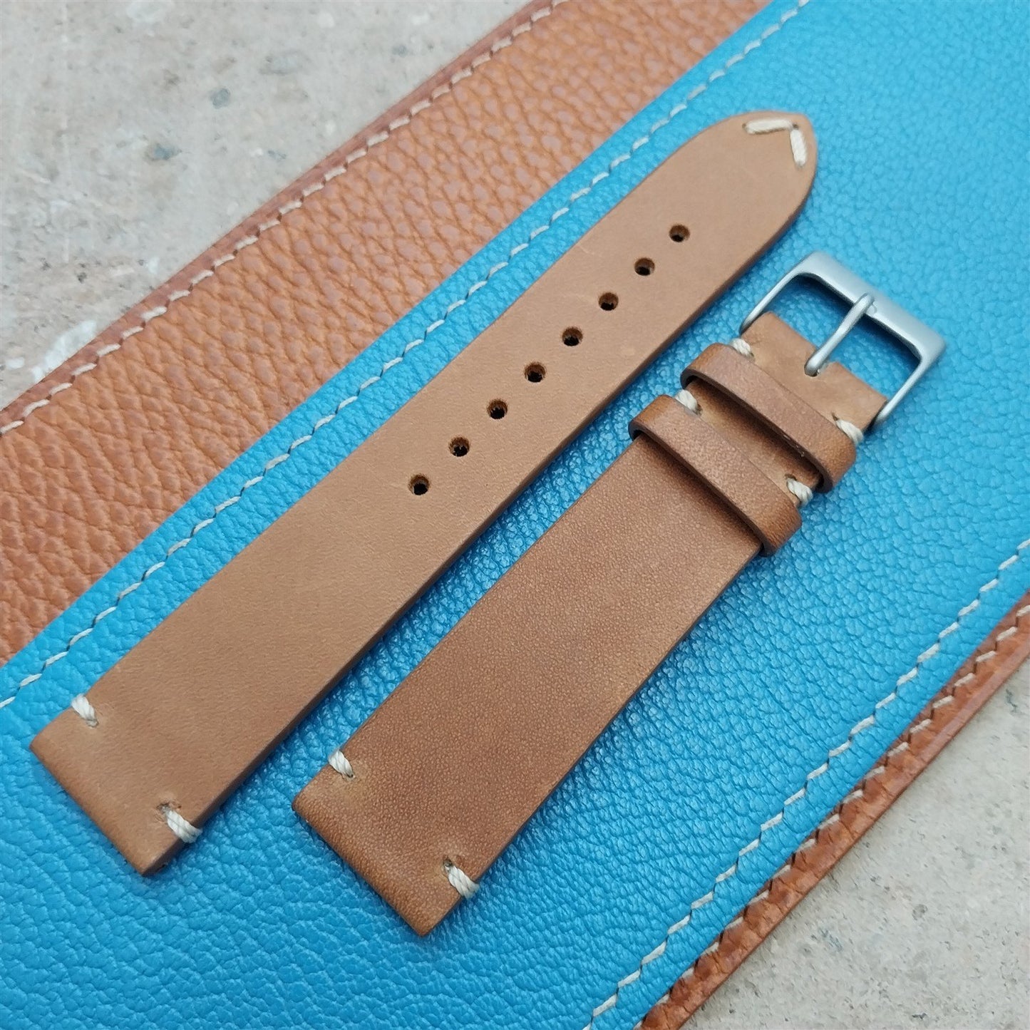 20mm Fleurus France Tan Leather 2-Stitch Vintage Style Watch Strap