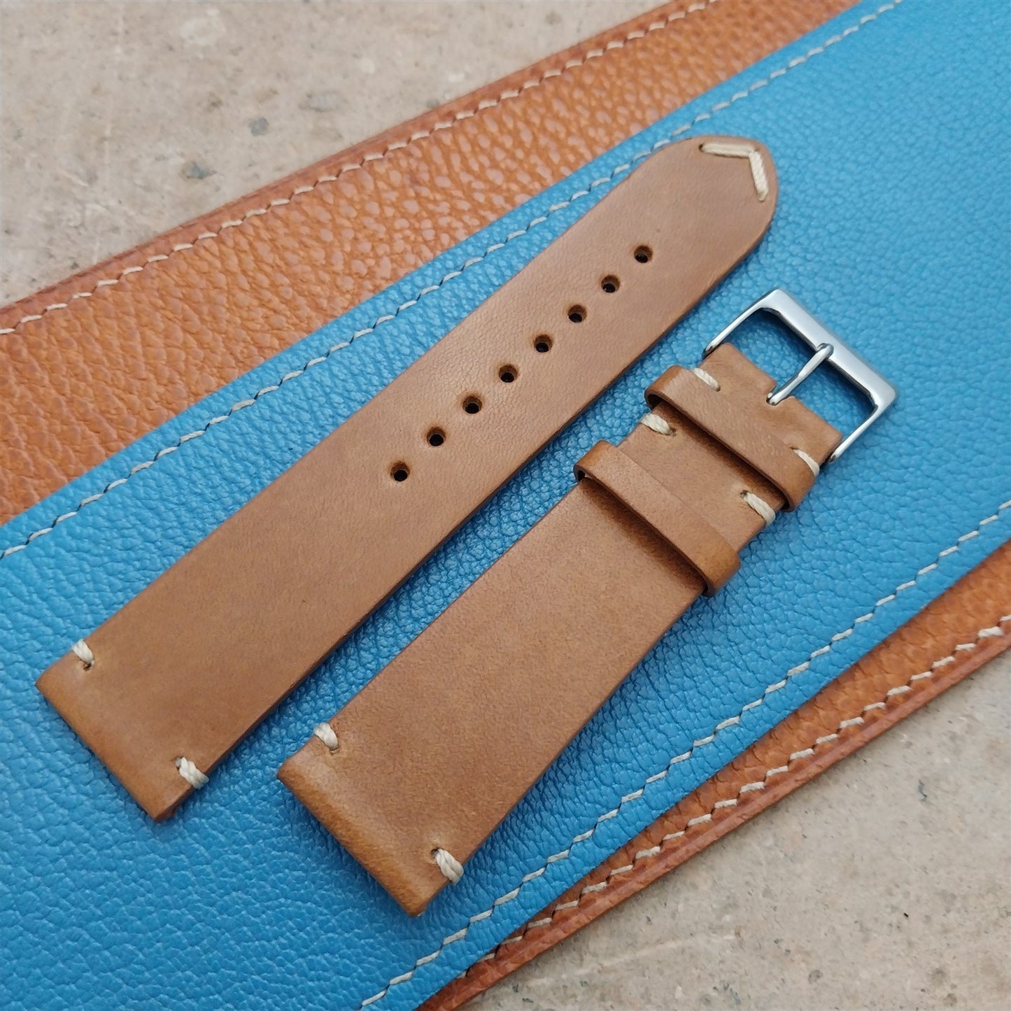 22mm Fleurus France Tan Leather 2-Stitch Vintage Style Watch Strap