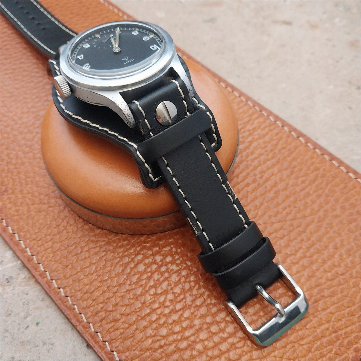 18mm Black Leather Bund Aviator Pilot Watch Strap