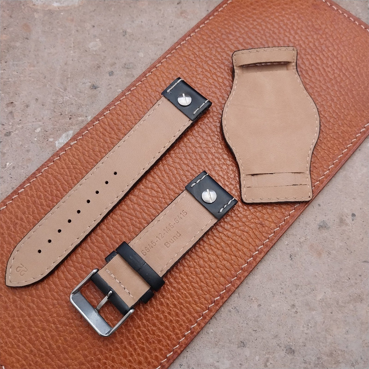 22mm Black Leather Bund Aviator Pilot Watch Strap