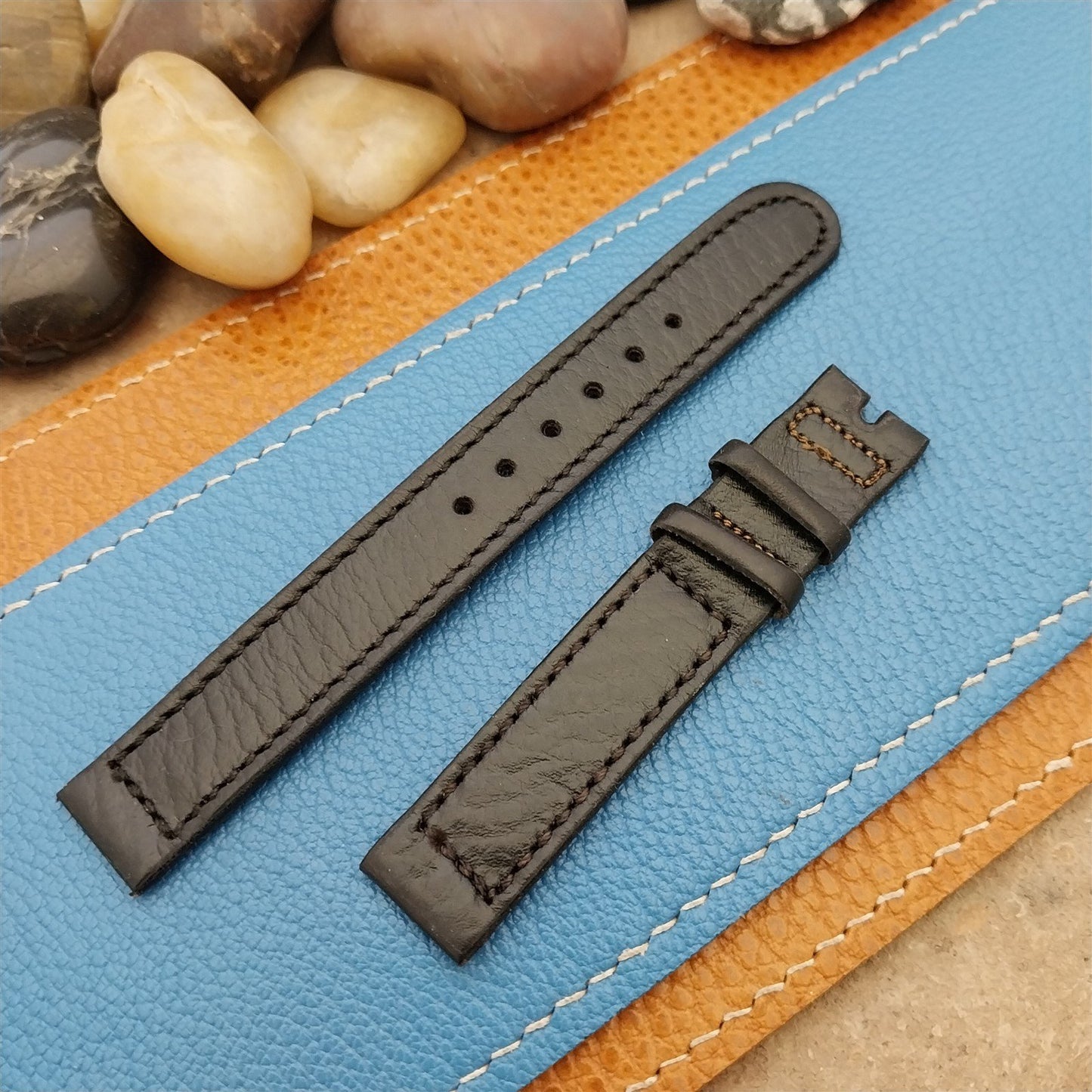 Vintage 9/16" 14mm Hamilton Black Leather Two-Piece Unused Classic Watch Band