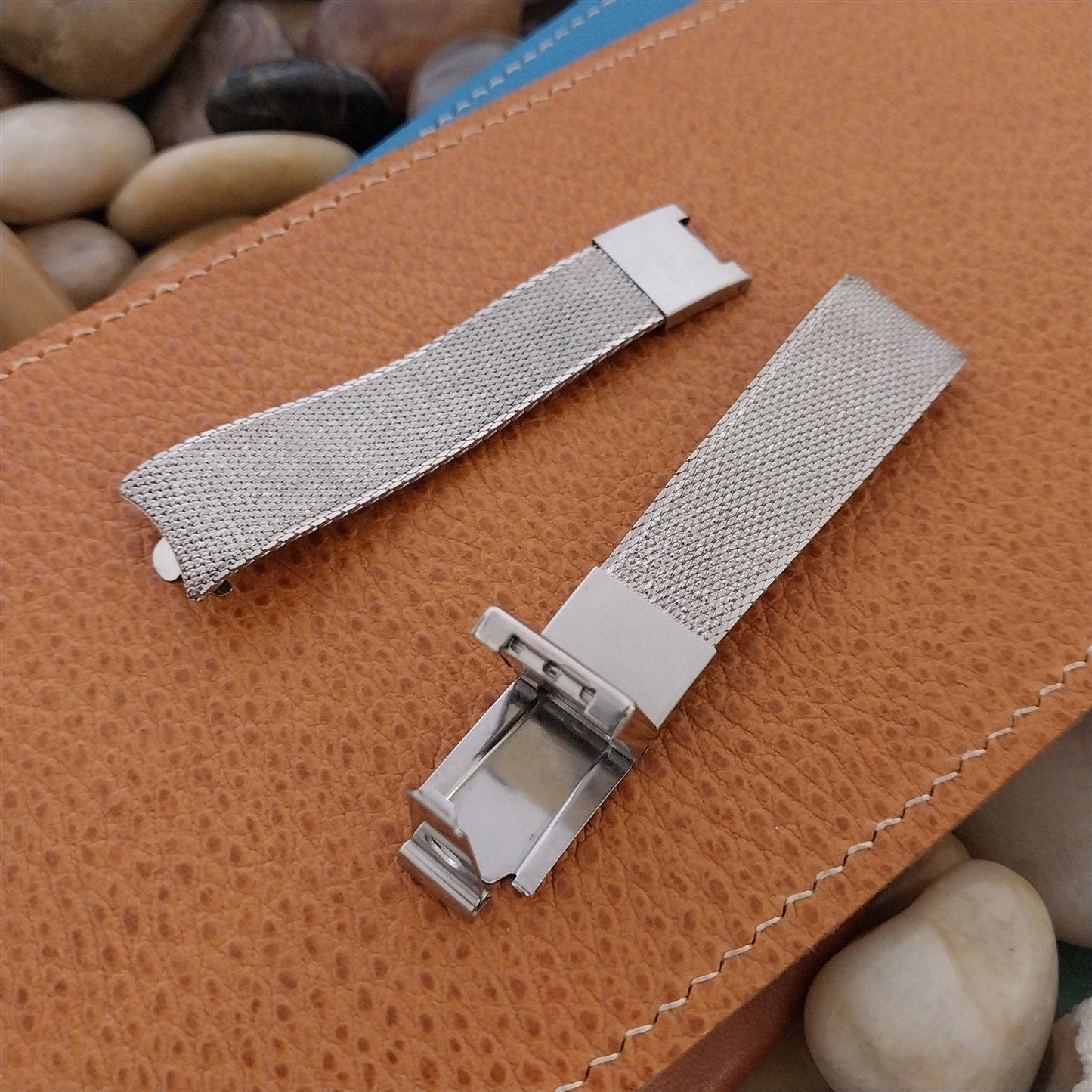 17.2mm Stainless Steel Mesh&Ebony Wood Kreisler Unused 1960s Vintage Watch Band