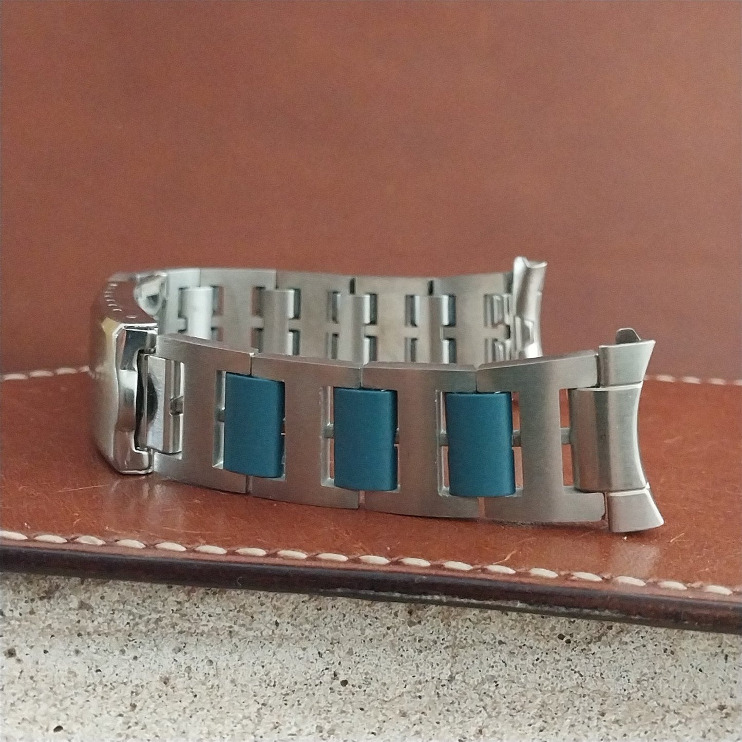 19mm JB Champion Solid Link Stainless Steel & Blue 1960s Unused Watch Band