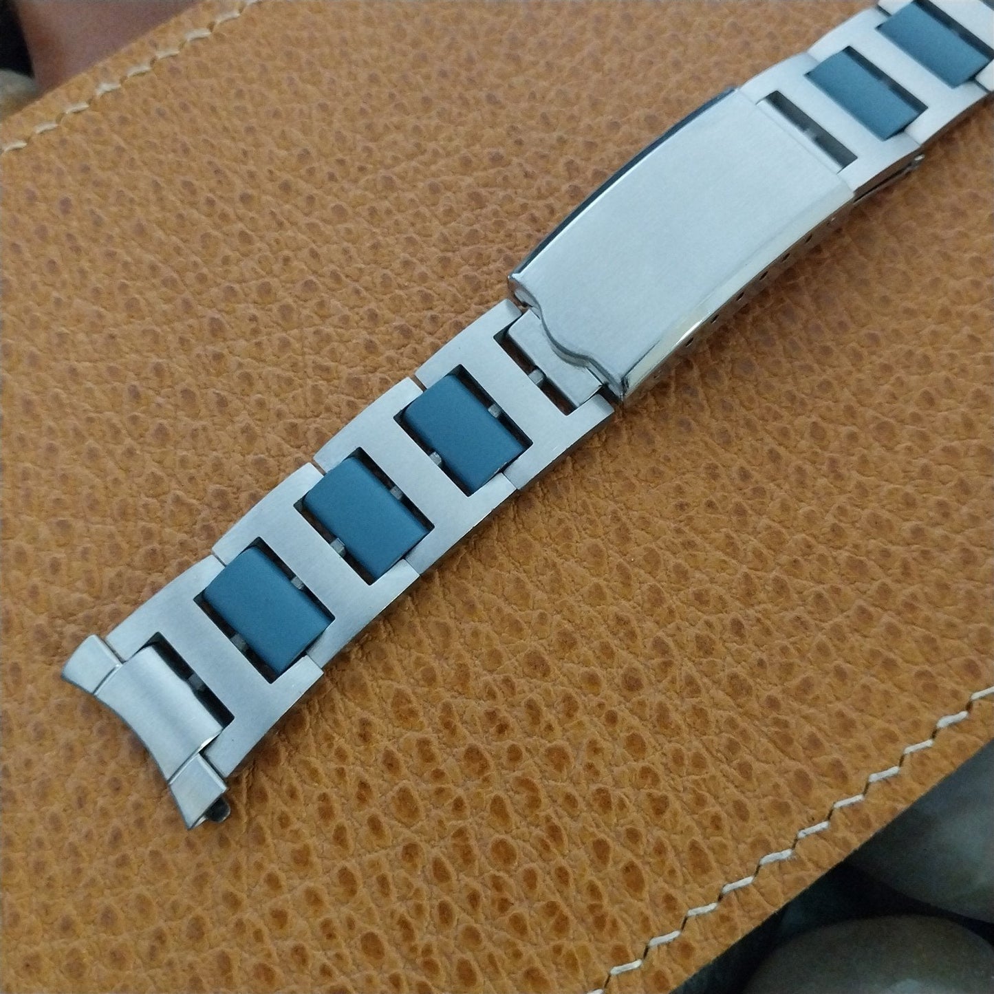 19mm JB Champion Solid Link Stainless Steel & Blue 1960s Unused Watch Band