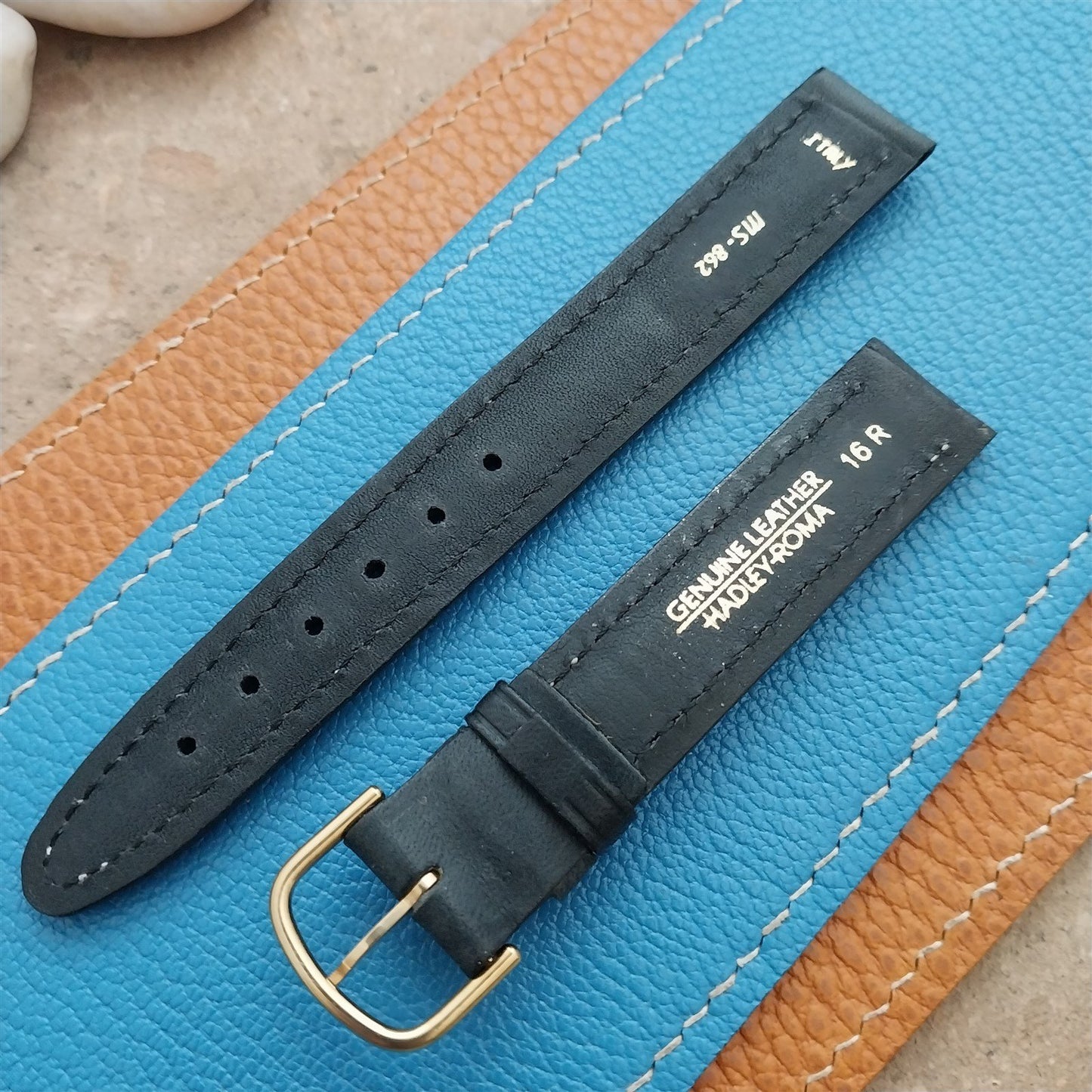 Vintage 16mm Hadley Roma Italy Black Leather Unused Classic Watch Band