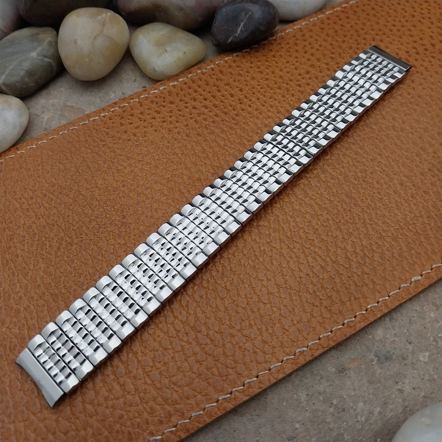 Vintage Rice Beads Wide Scissor-Expansion 16mm Stainless Steel Unused Watch Band