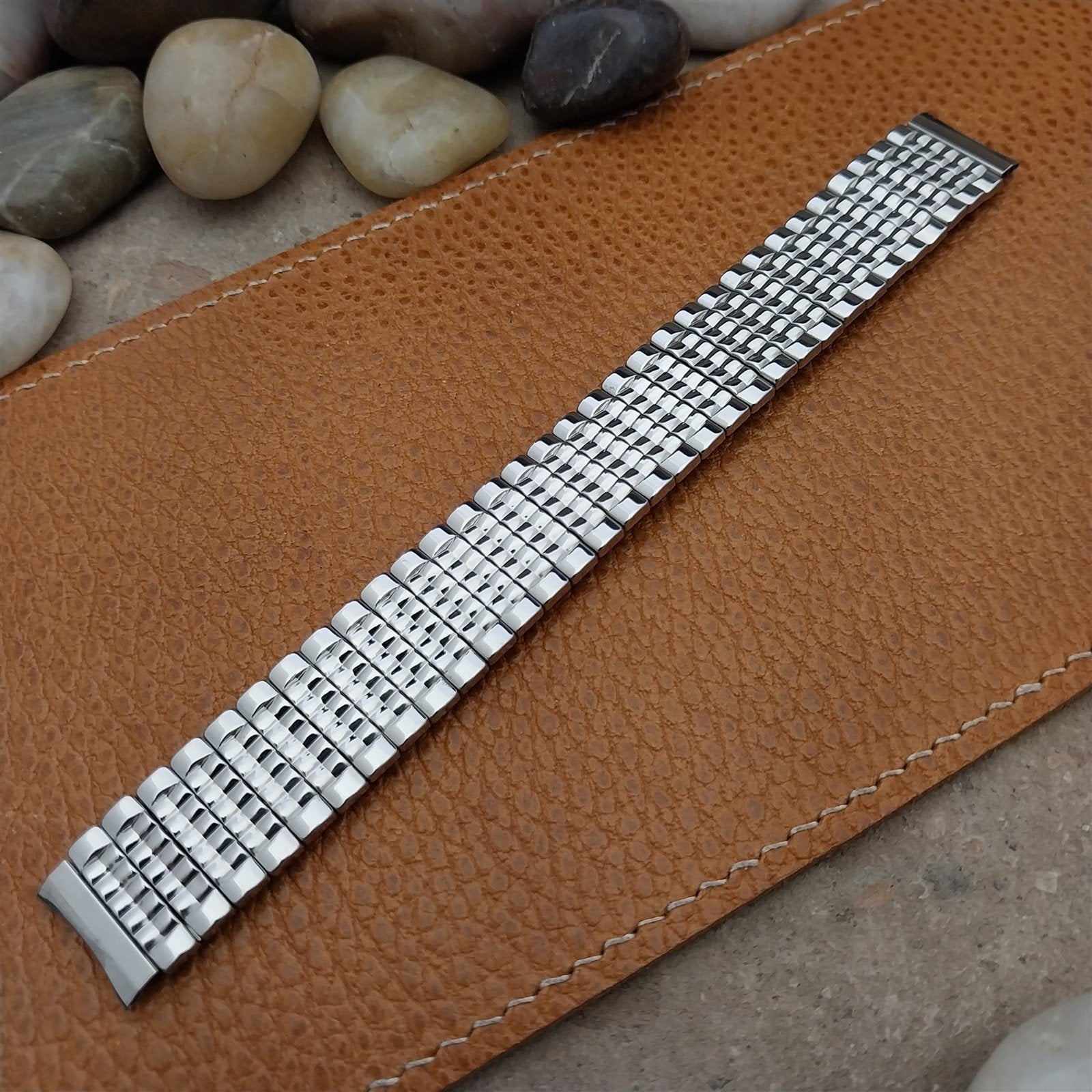 Vintage Rice Beads Wide Scissor-Expansion 16mm Stainless Steel Unused Watch Band