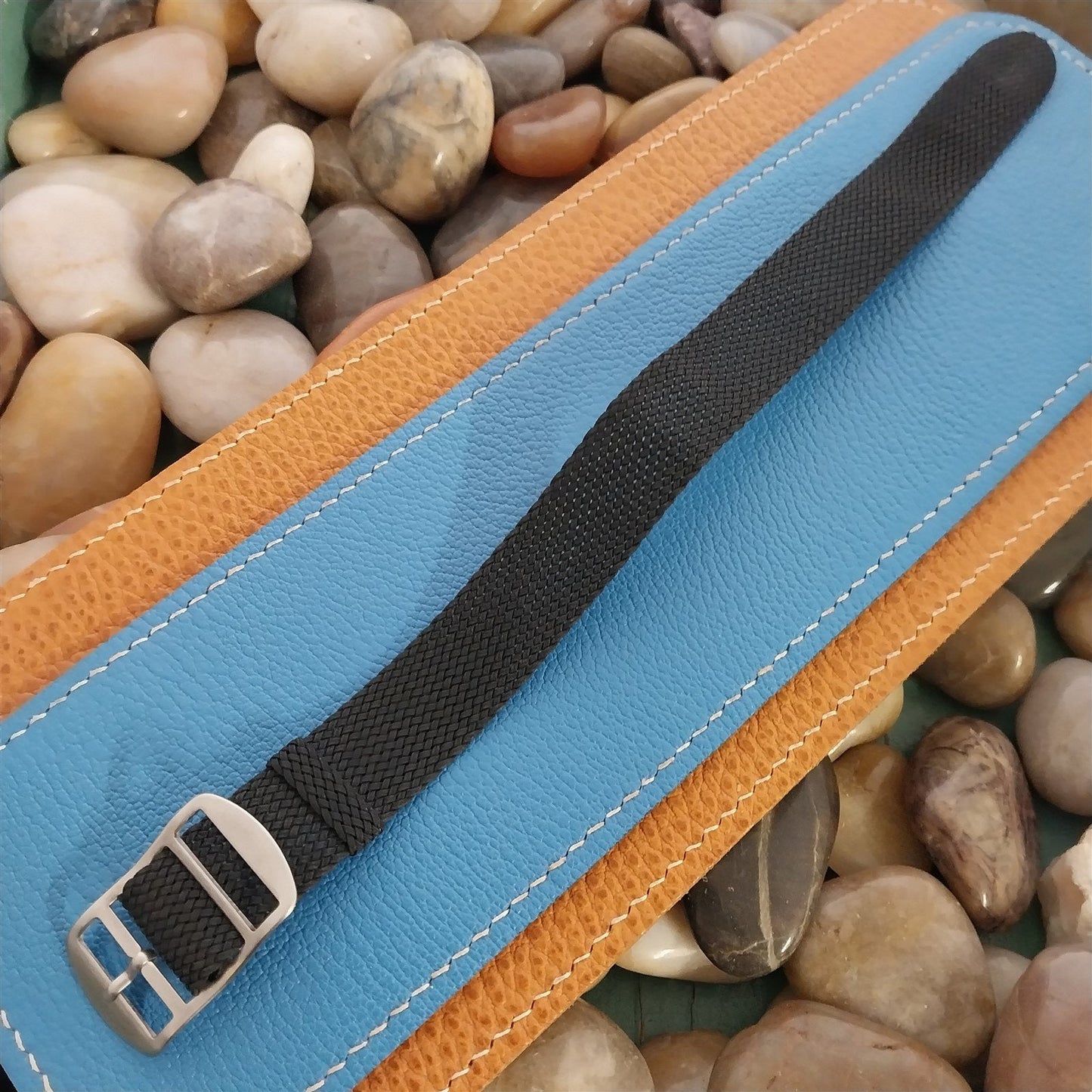 Vintage 18mm Braided Perlon Eulit Kristall Classic nos 1960s Black Vintage Watch