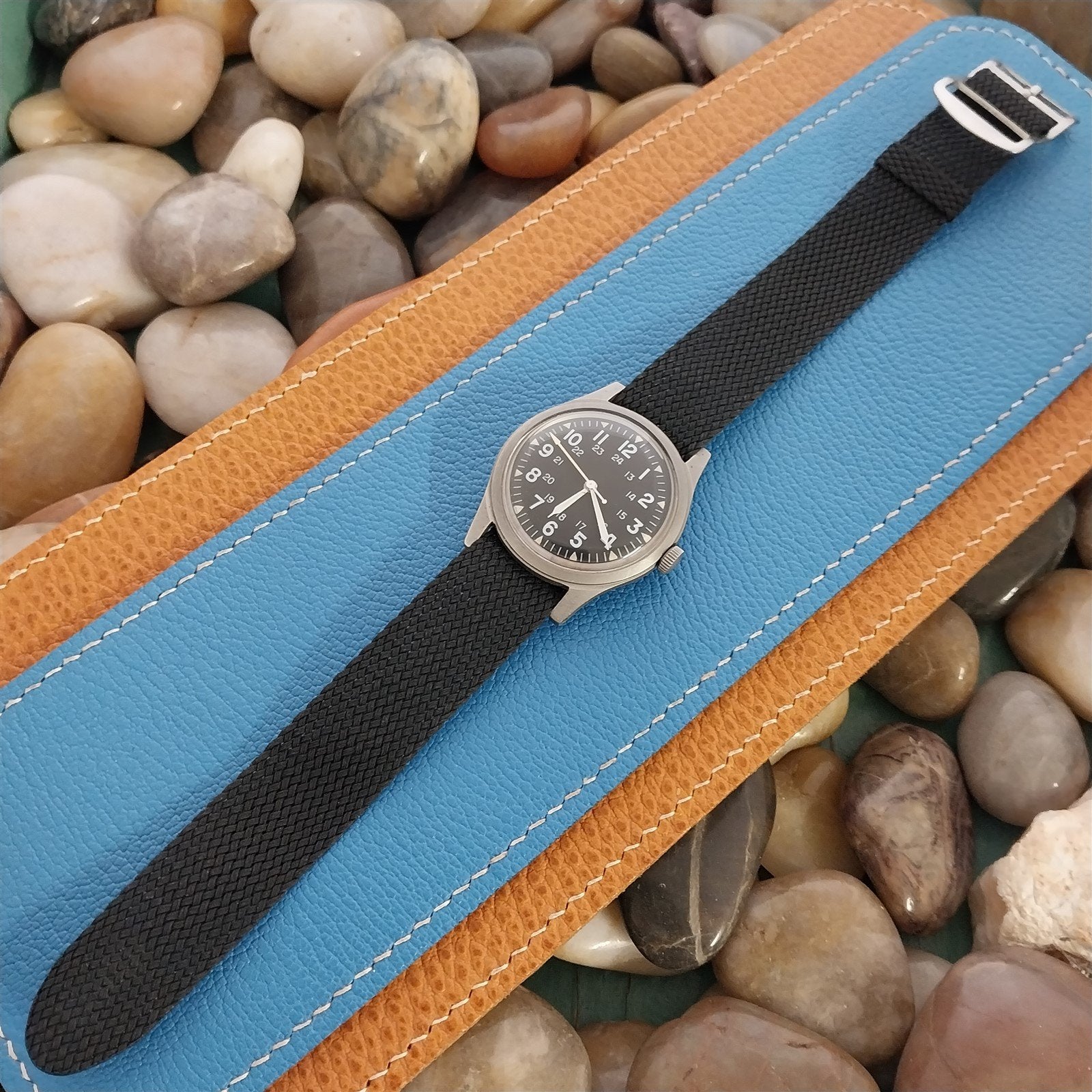 Vintage 18mm Braided Perlon Eulit Kristall Classic nos 1960s Black Vintage Watch