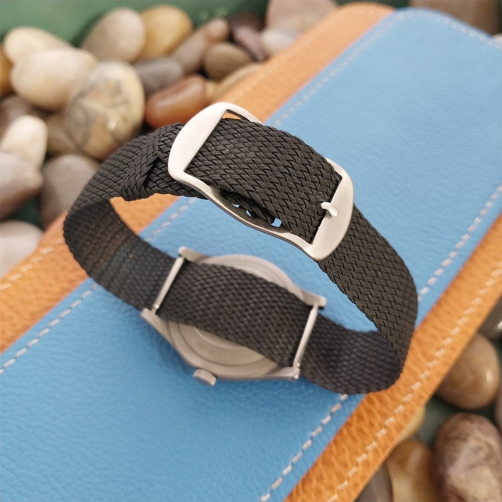 Vintage 18mm Braided Perlon Eulit Kristall Classic nos 1960s Black Vintage Watch