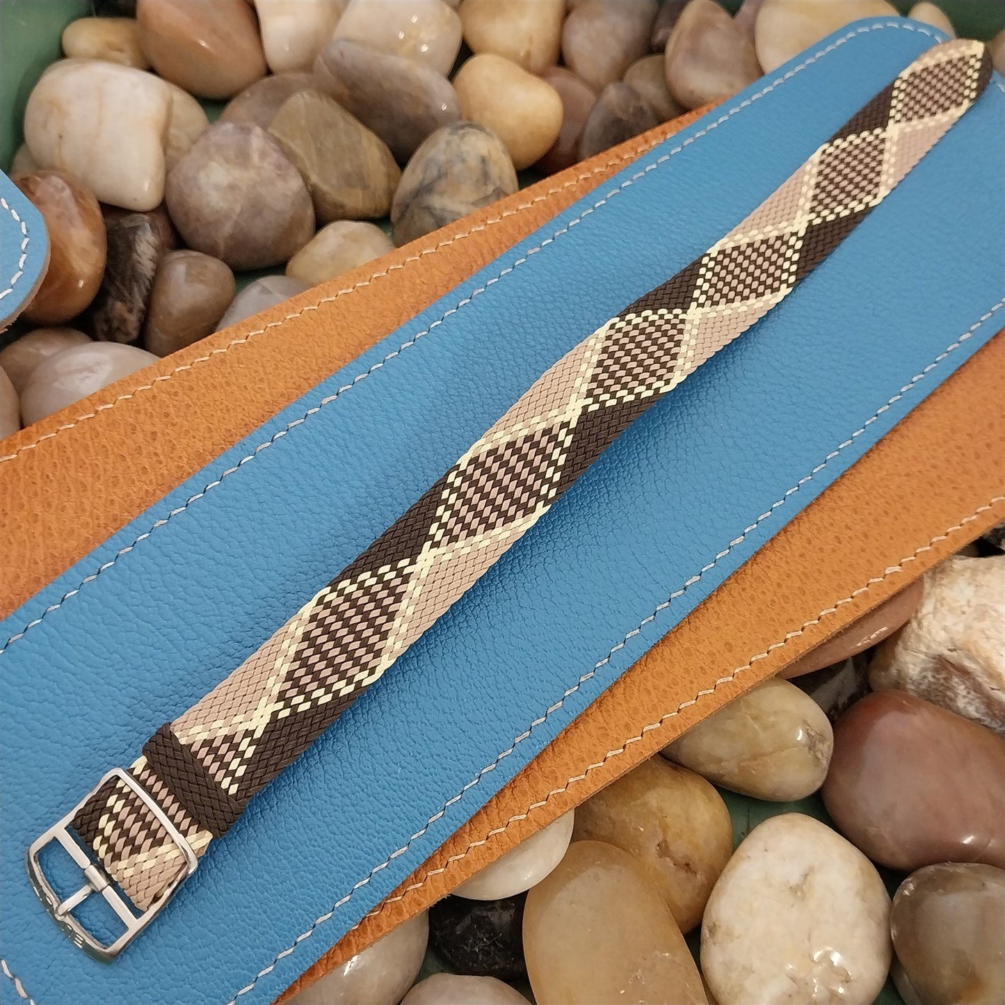18mm Braided Perlon Brown Argyle Classic 1960s Single Pass Vintage Watch Strap