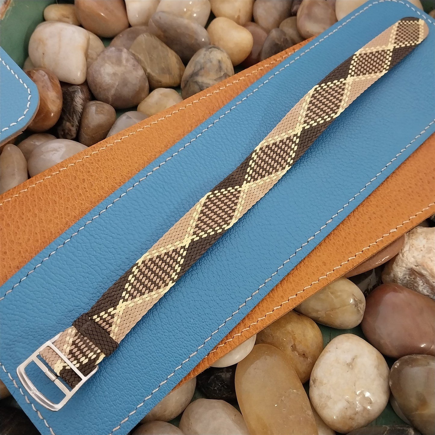 18mm Braided Perlon Brown Argyle Classic 1960s Single Pass Vintage Watch Strap
