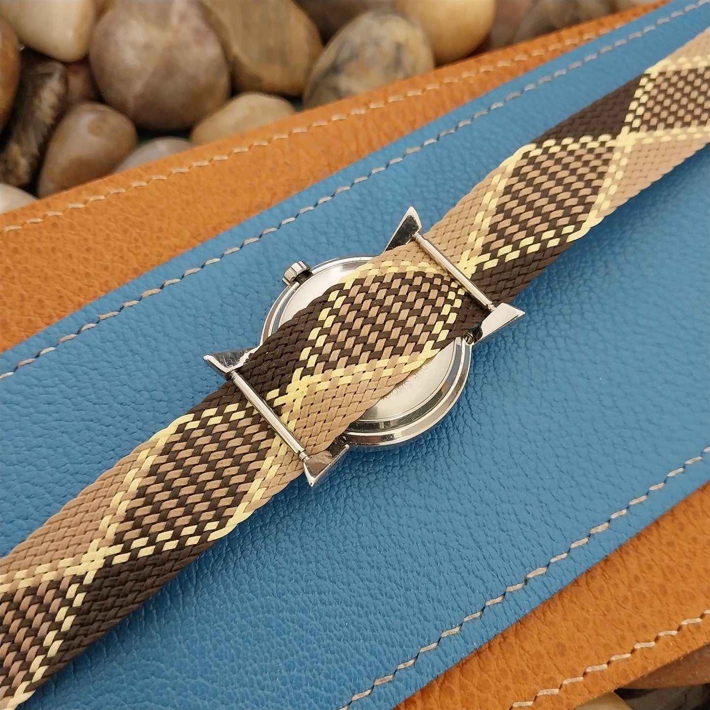 18mm Braided Perlon Brown Argyle Classic 1960s Single Pass Vintage Watch Strap