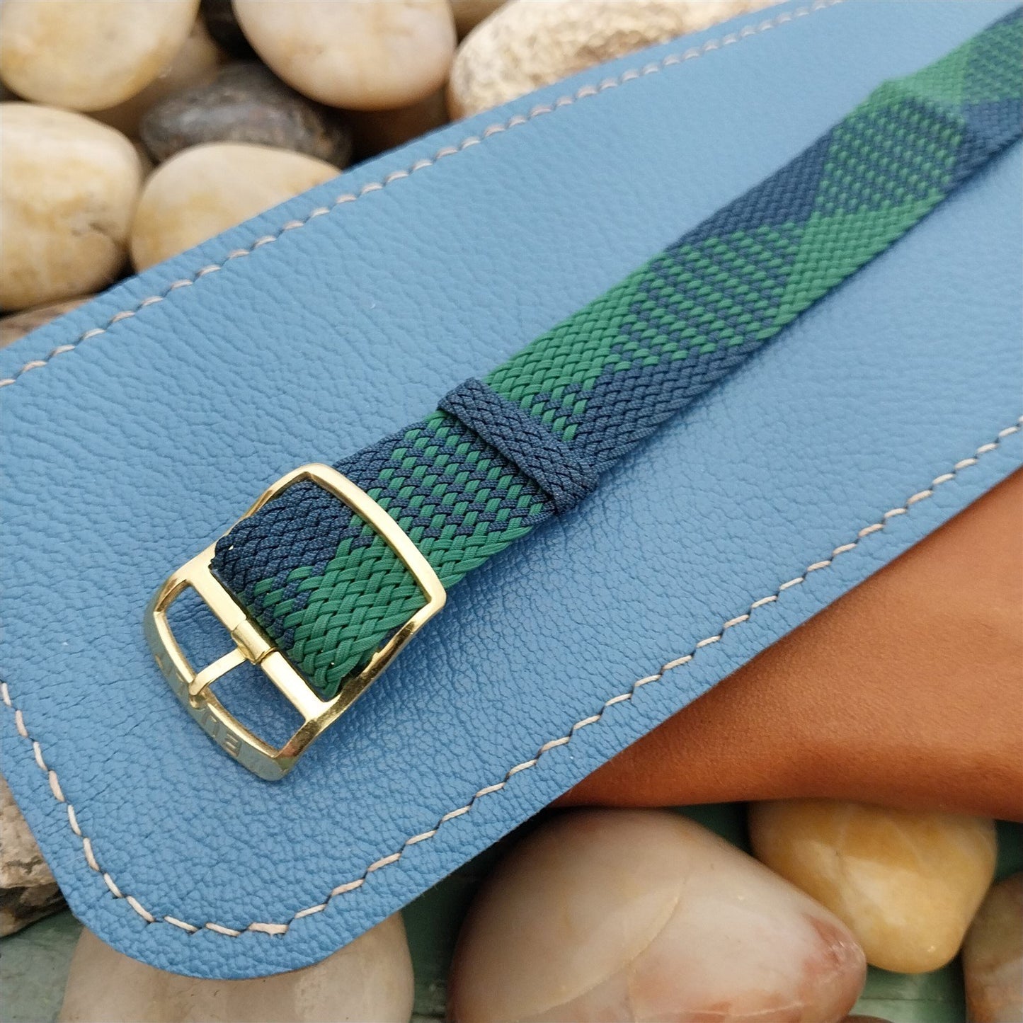 Eulit Braided Perlon 18mm Green & Blue Single Pass 1960s Vintage Watch Band
