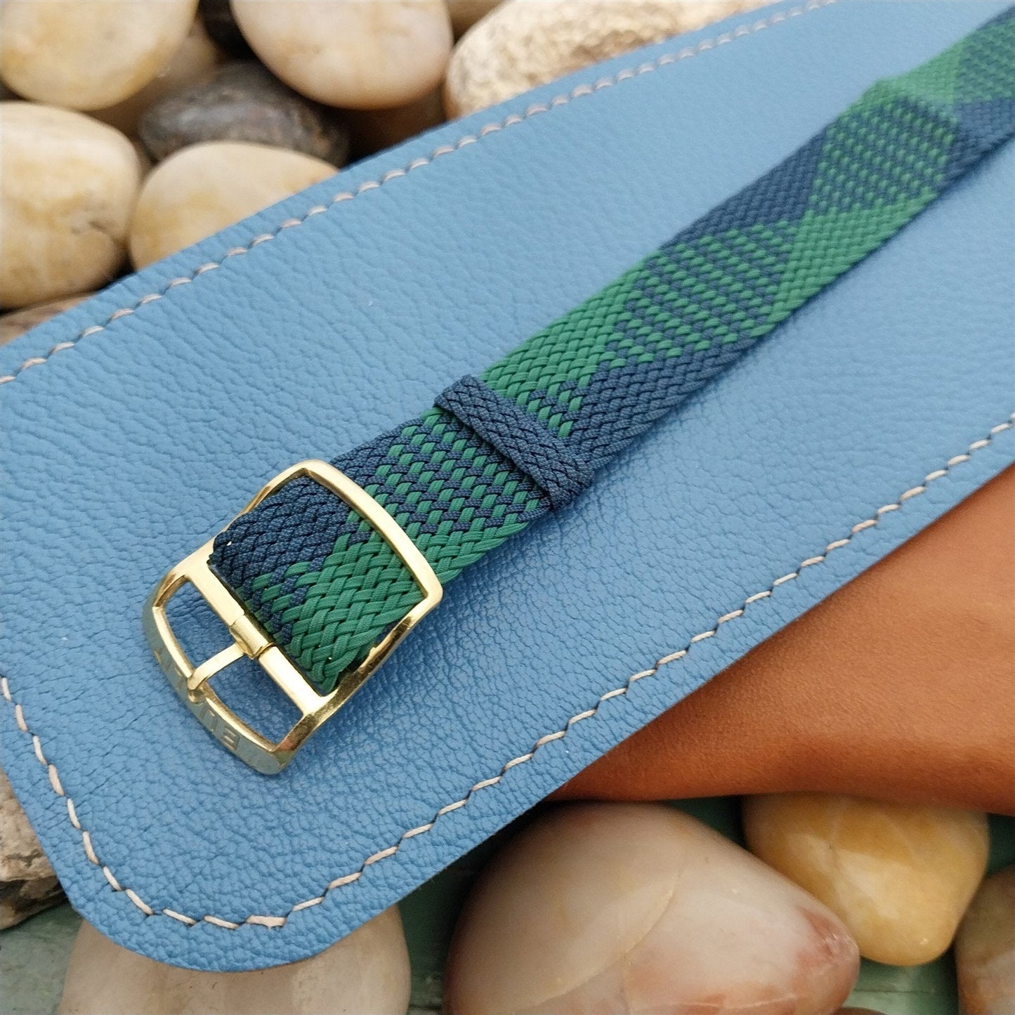 Eulit Braided Perlon 18mm Green & Blue Argyle Unused 1960s Vintage Watch Band