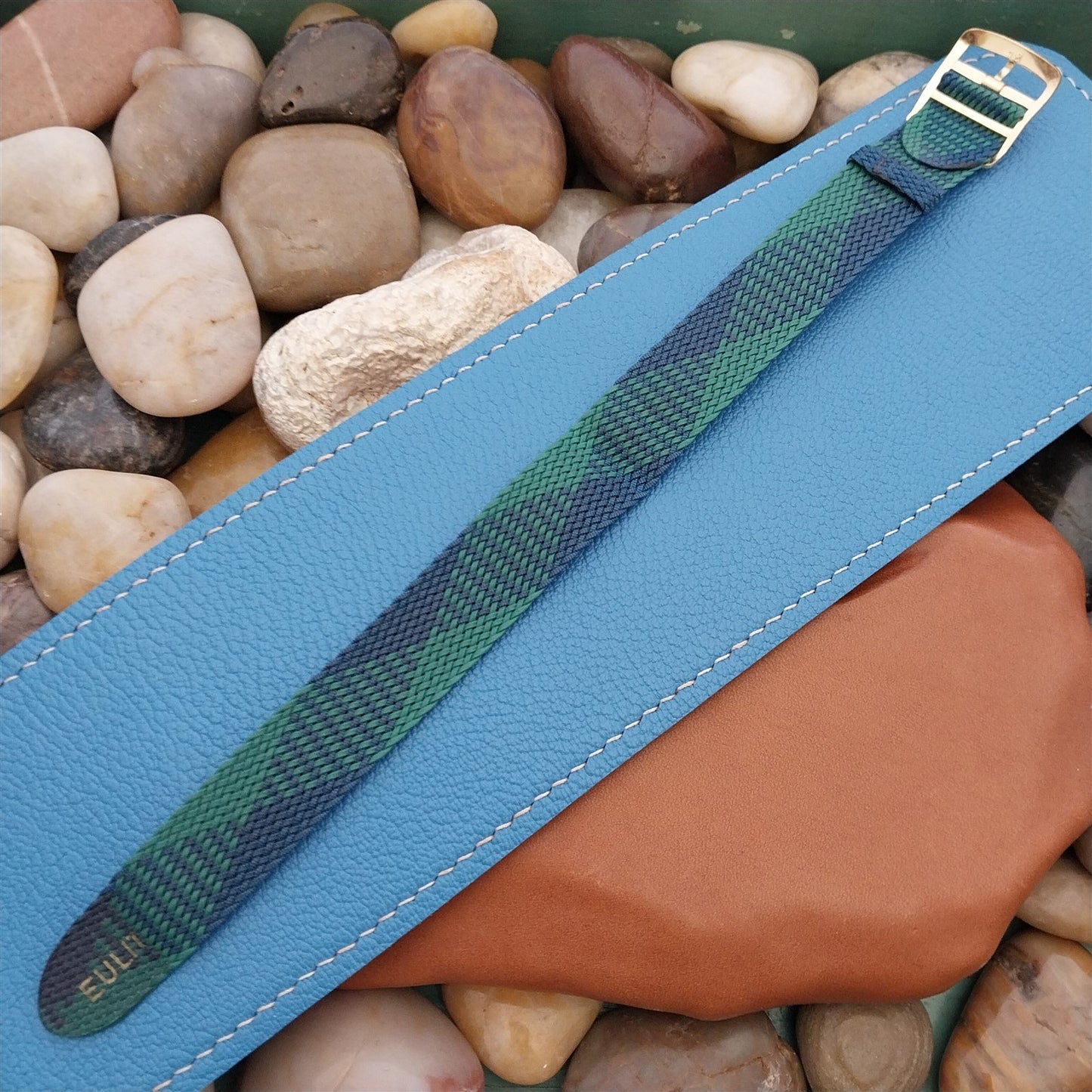 Eulit Braided Perlon 18mm Green & Blue Single Pass 1960s Vintage Watch Band