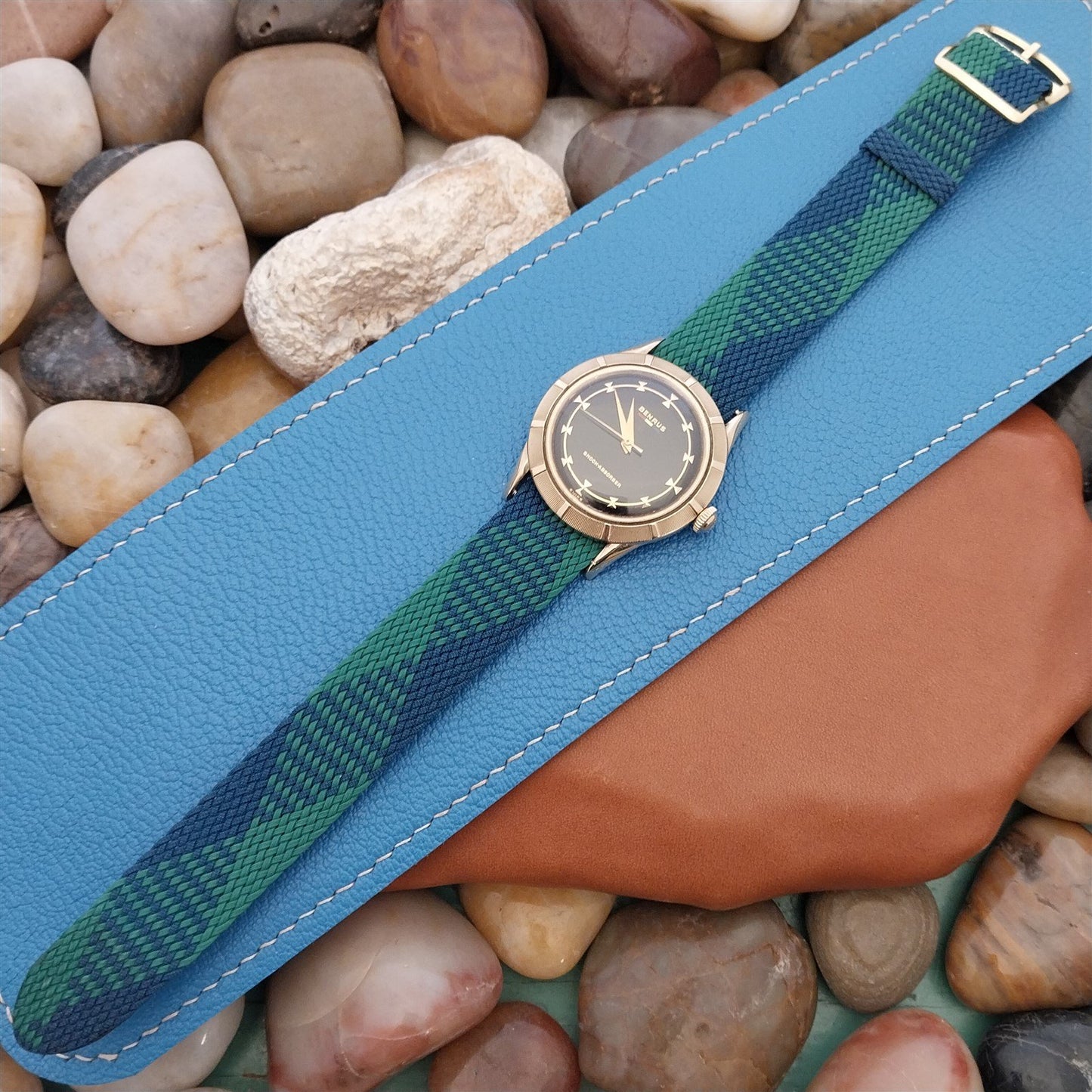 Eulit Braided Perlon 18mm Green & Blue Single Pass 1960s Vintage Watch Band