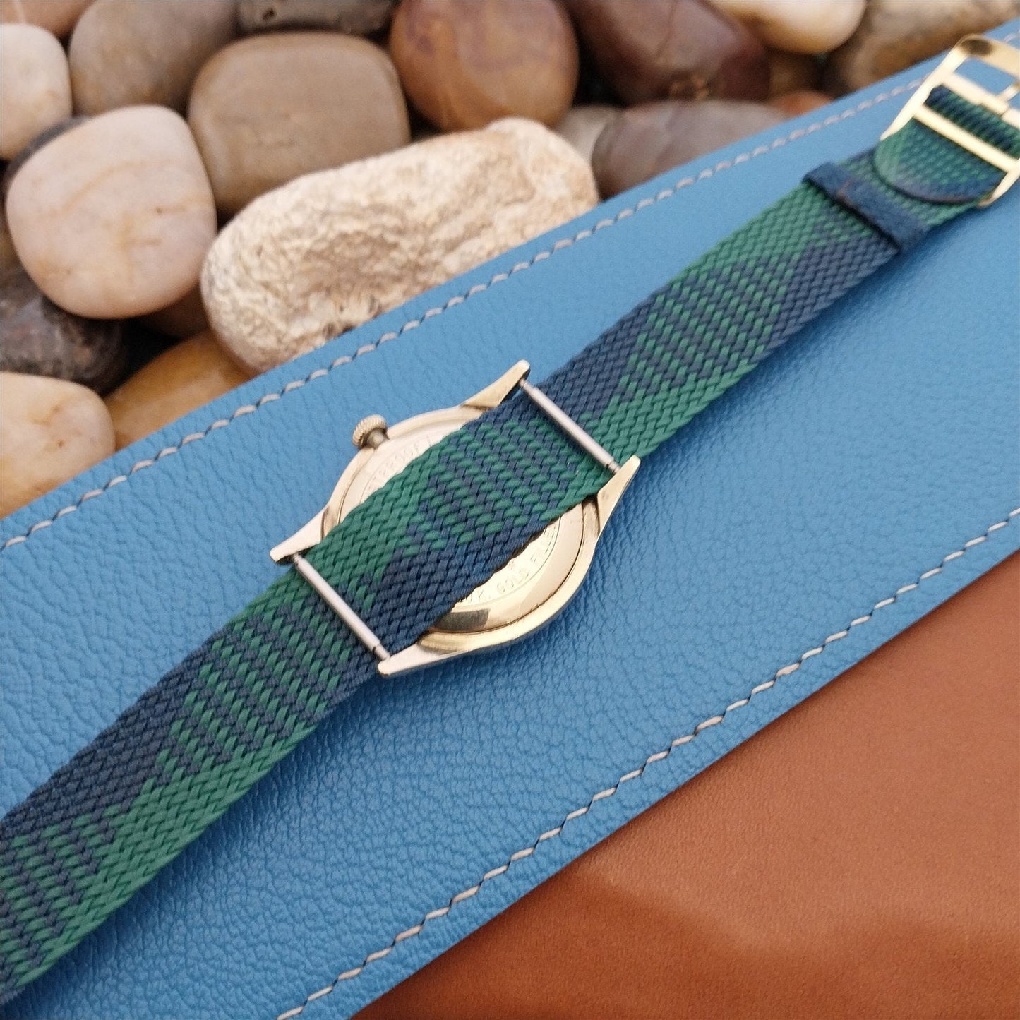 Eulit Braided Perlon 18mm Green & Blue Argyle Unused 1960s Vintage Watch Band