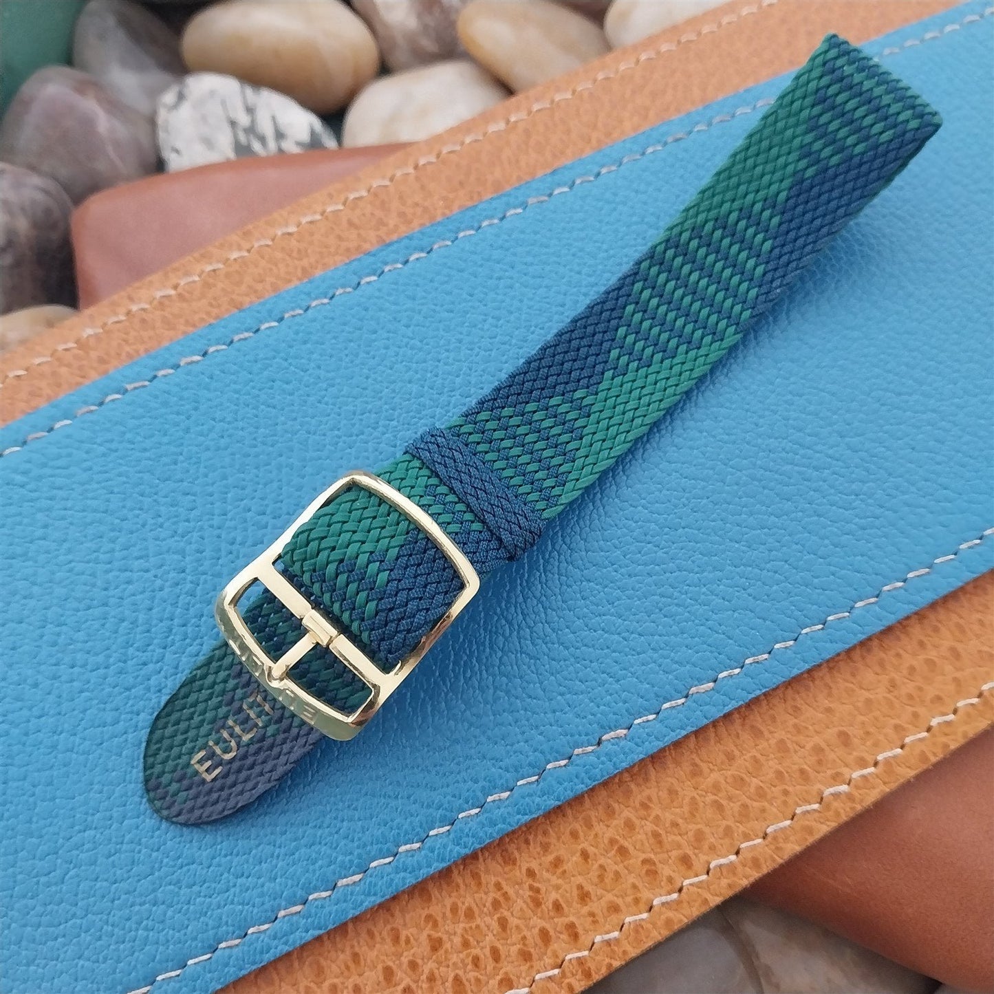 Eulit Braided Perlon 18mm Green & Blue Argyle Unused 1960s Vintage Watch Band