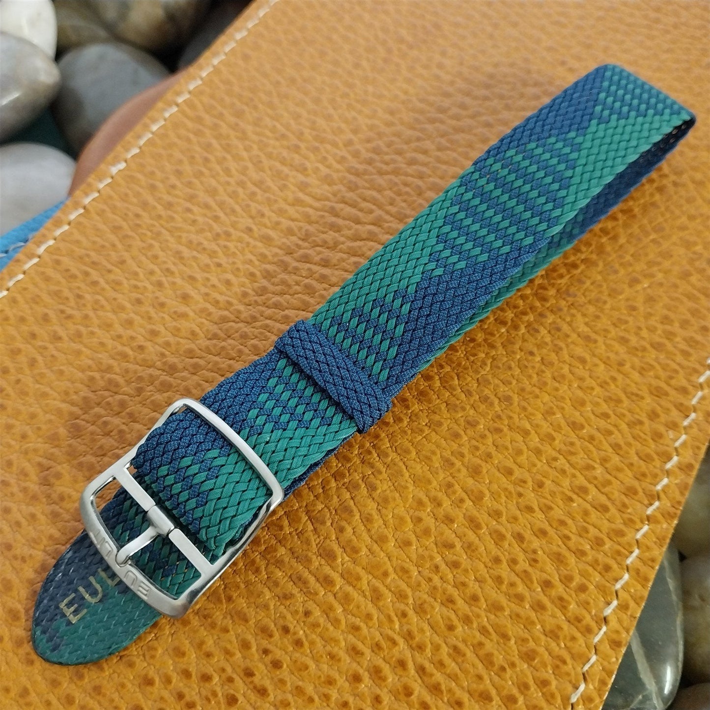 Vintage 18mm Perlon Mesh 1960s Single Pass Unused Watch Band Green &Blue Argyle