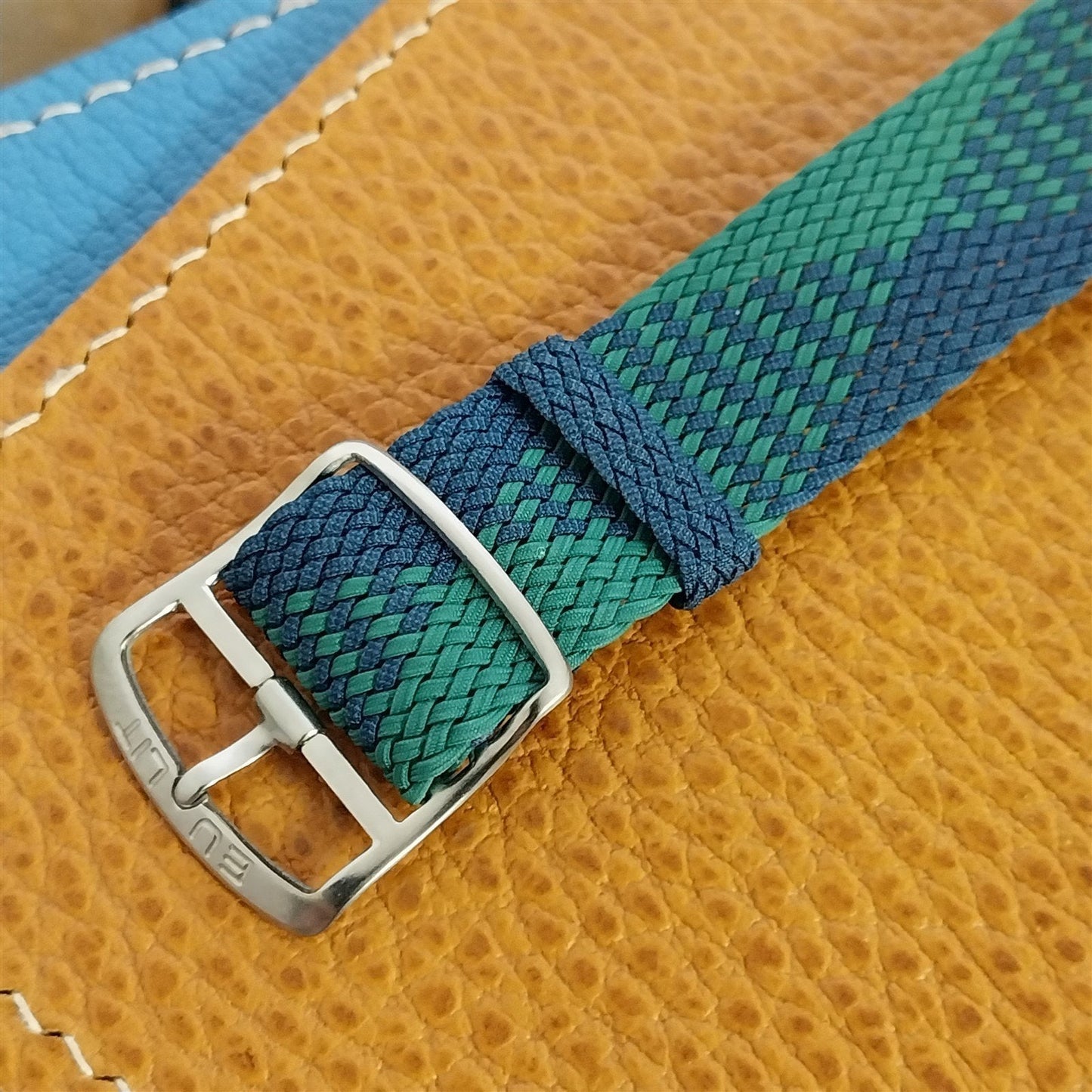 Vintage 18mm Perlon Mesh 1960s Single Pass Unused Watch Band Green &Blue Argyle