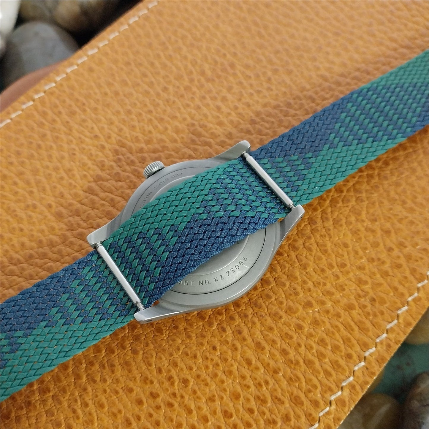 Vintage 18mm Perlon Mesh 1960s Single Pass Unused Watch Band Green &Blue Argyle