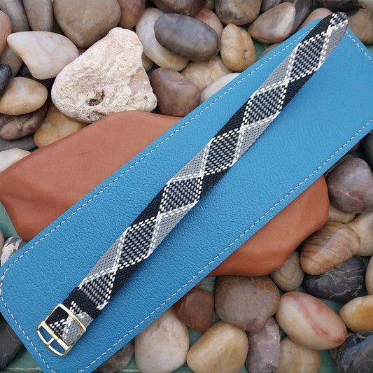 Vintage 18mm Braided Perlon Black White & Grey Argyle Single Pass 60s Watch Band