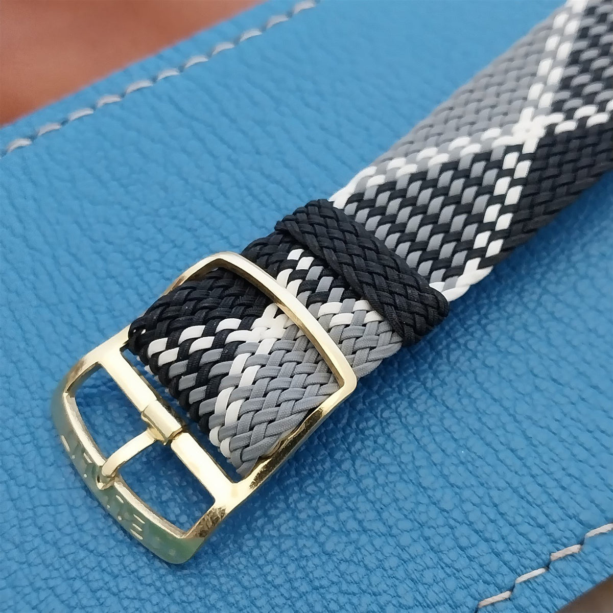 Vintage 18mm Braided Perlon Black White & Grey Argyle Single Pass 60s Watch Band